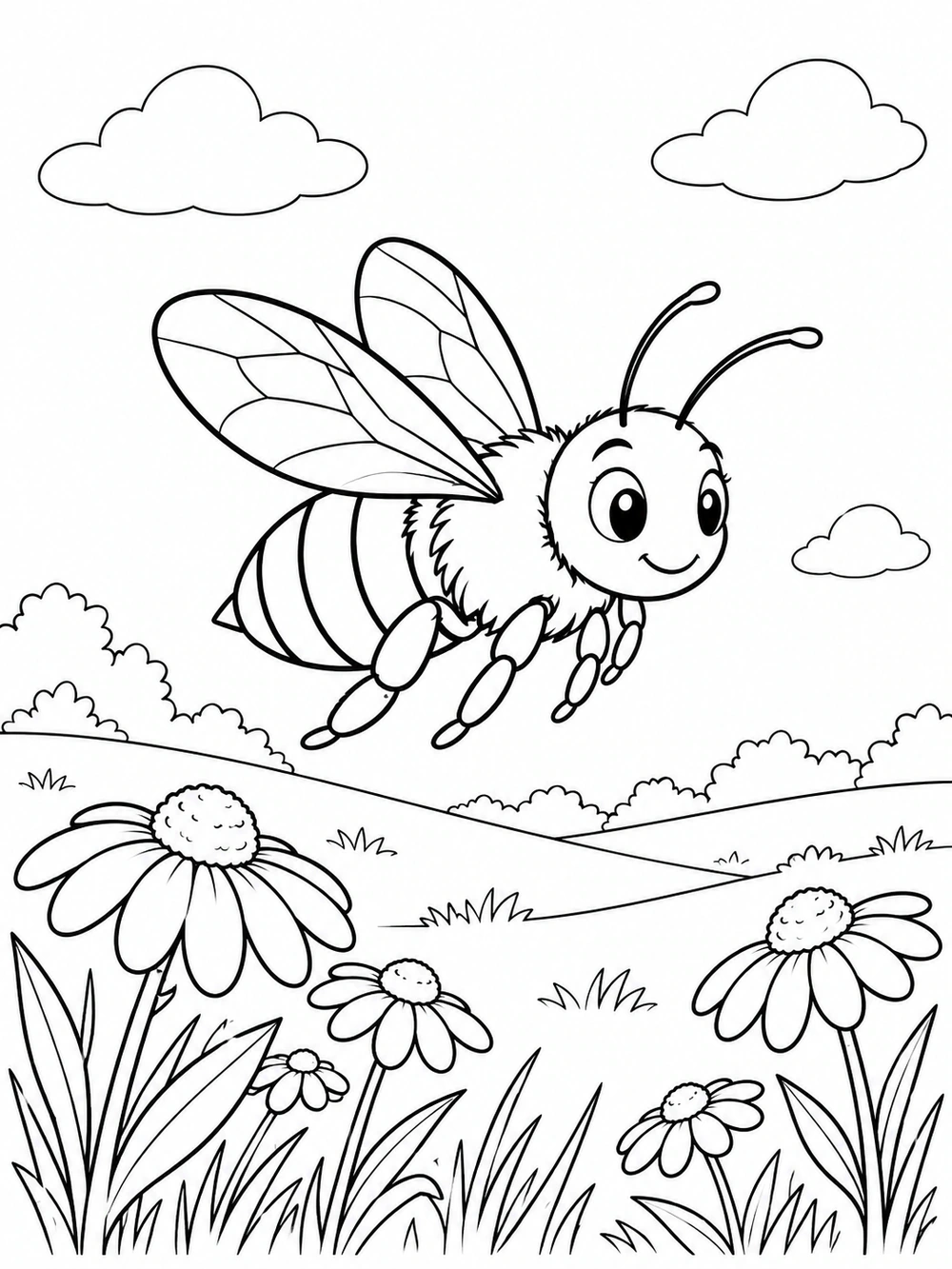 A large smiling bee flying above scattered wildflowers in a rolling meadow, with clouds and open sky.