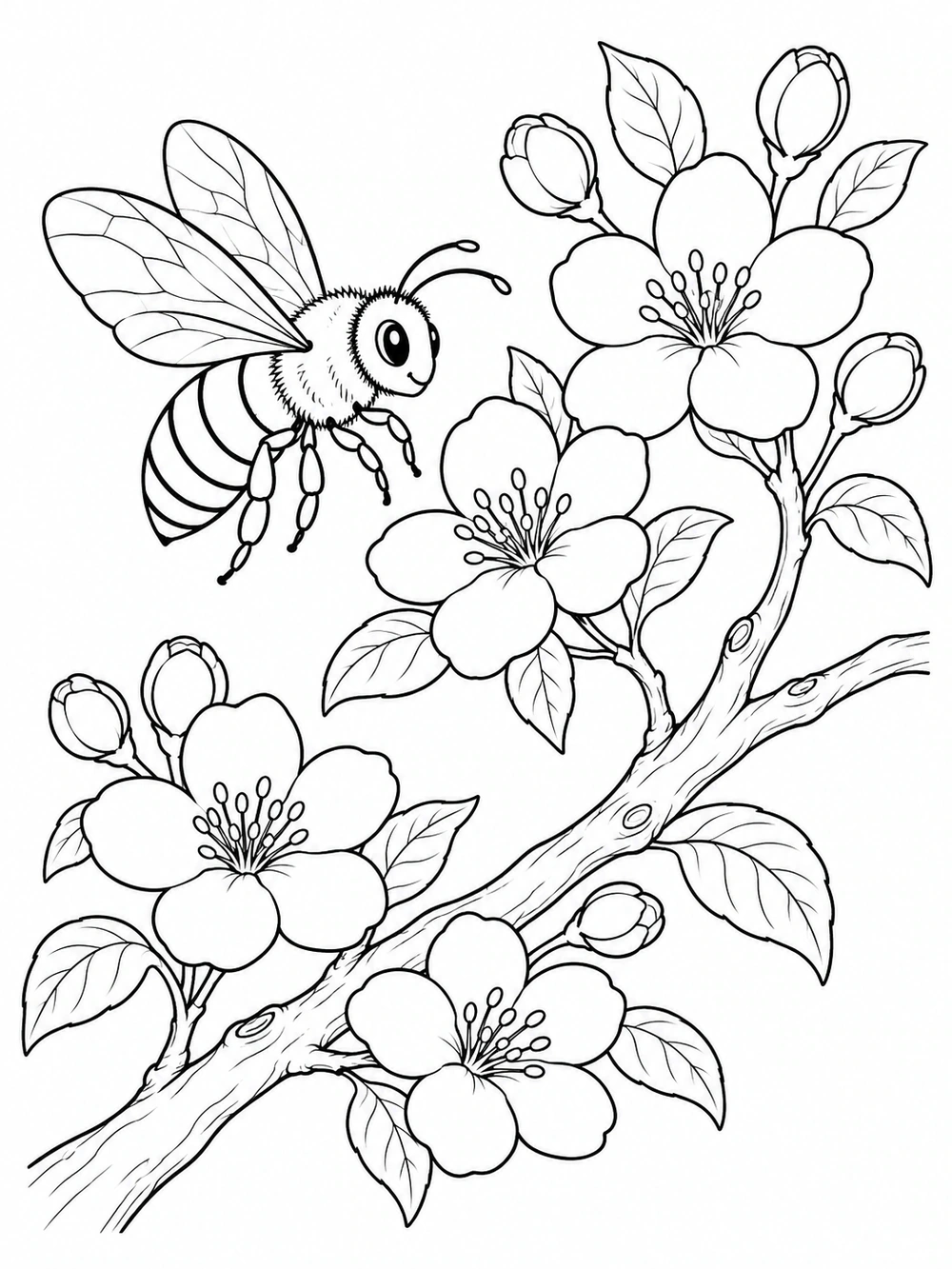 A smiling bee near several apple blossoms and leaves on a diagonal branch.