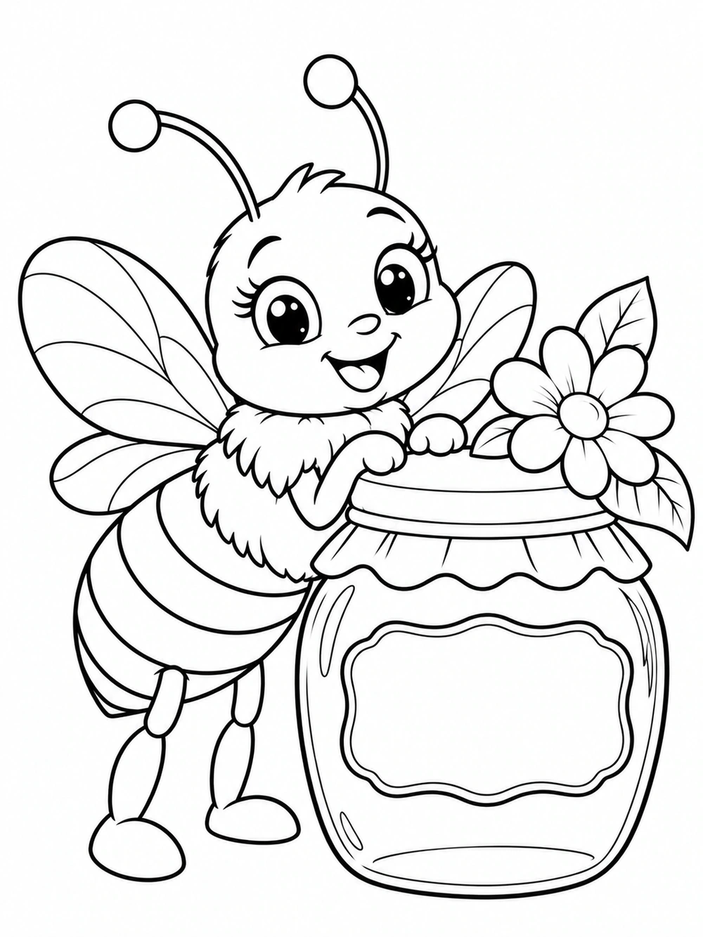 Smiling bee beside a large blank-label honey jar with a flower by its lid