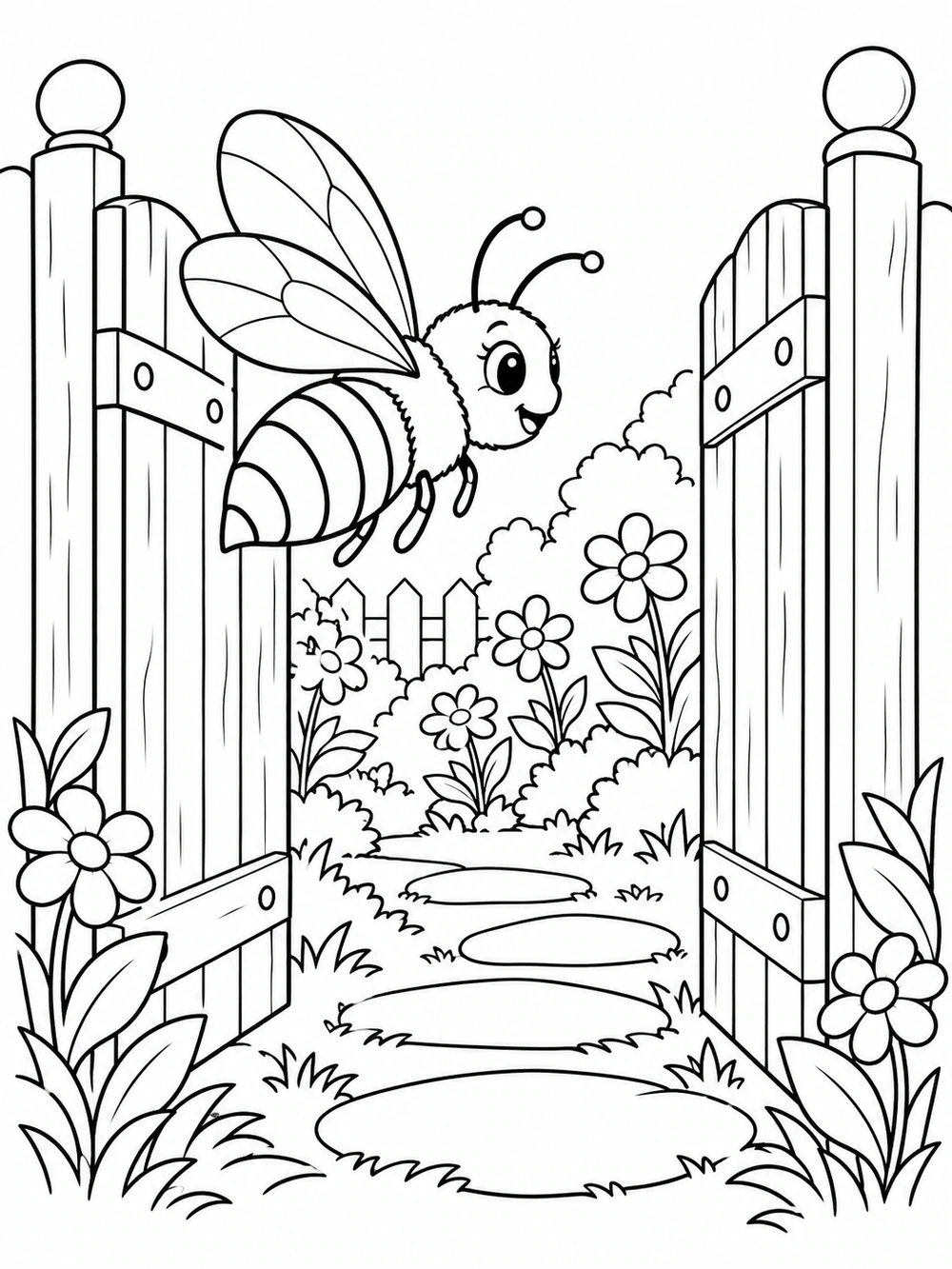 A smiling bee flies through an open wooden gate above a stepping-stone path lined with flowers.