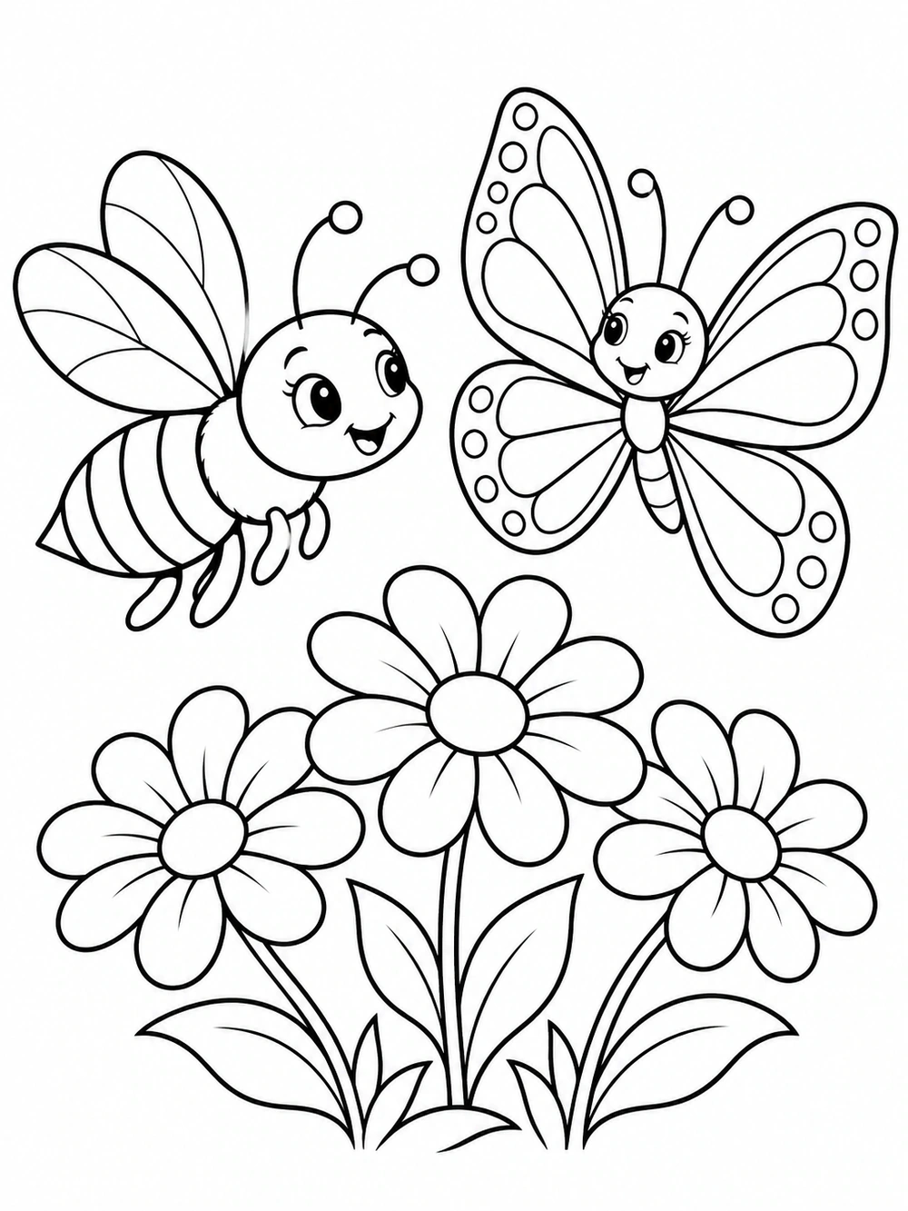 Smiling striped bee and butterfly with patterned wings hovering above a cluster of three flowers, drawn in black outlines on white.
