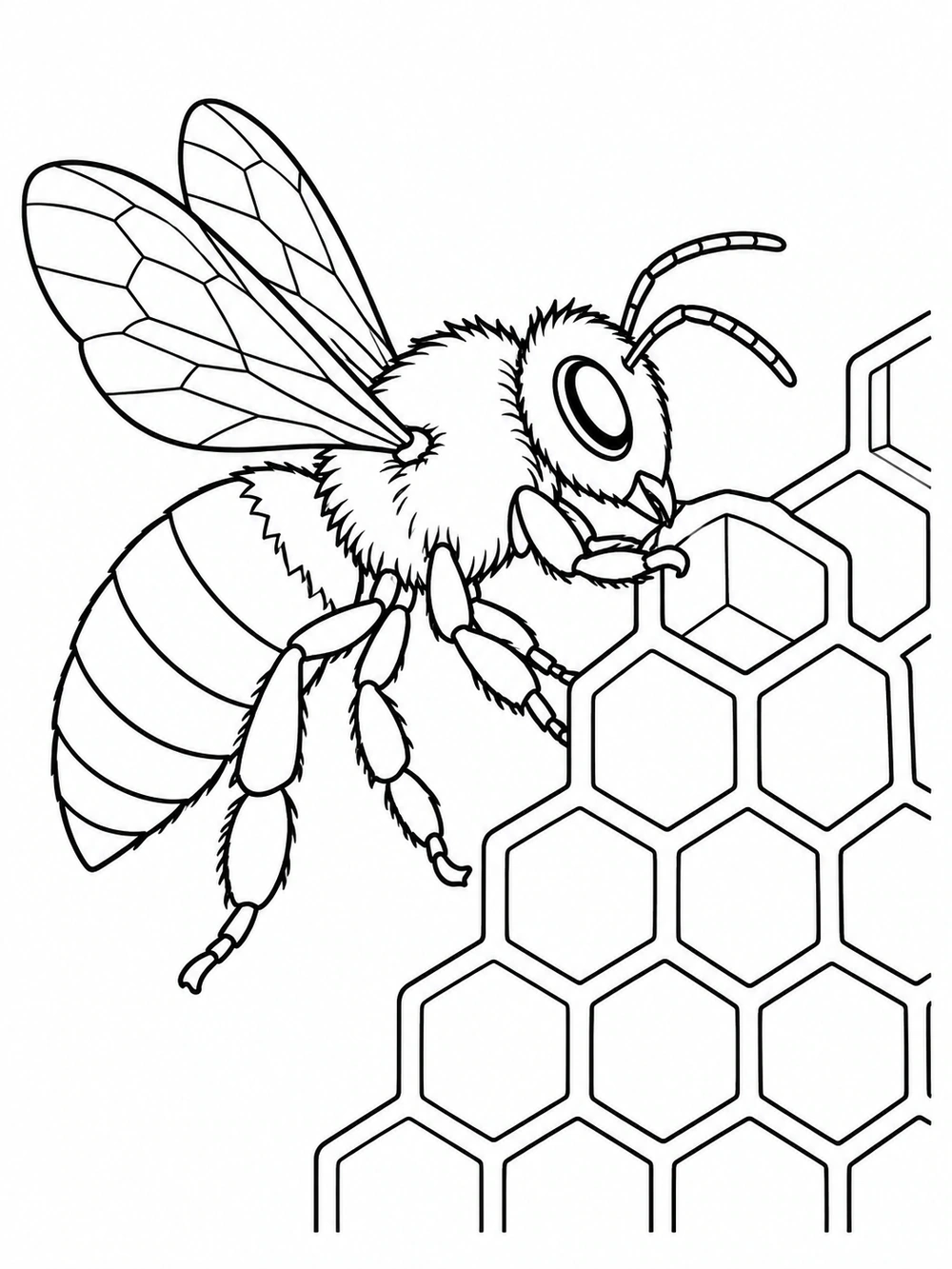 Worker bee facing a small wall of open hexagonal honeycomb cells, with one cell being extended at the edge.
