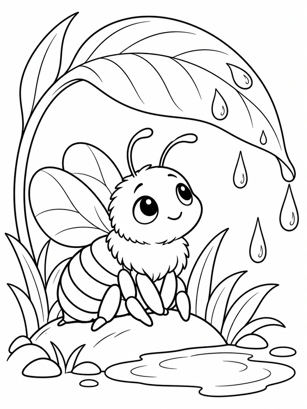 A cheerful bee rests beneath a broad curved leaf as raindrops fall above a small puddle.