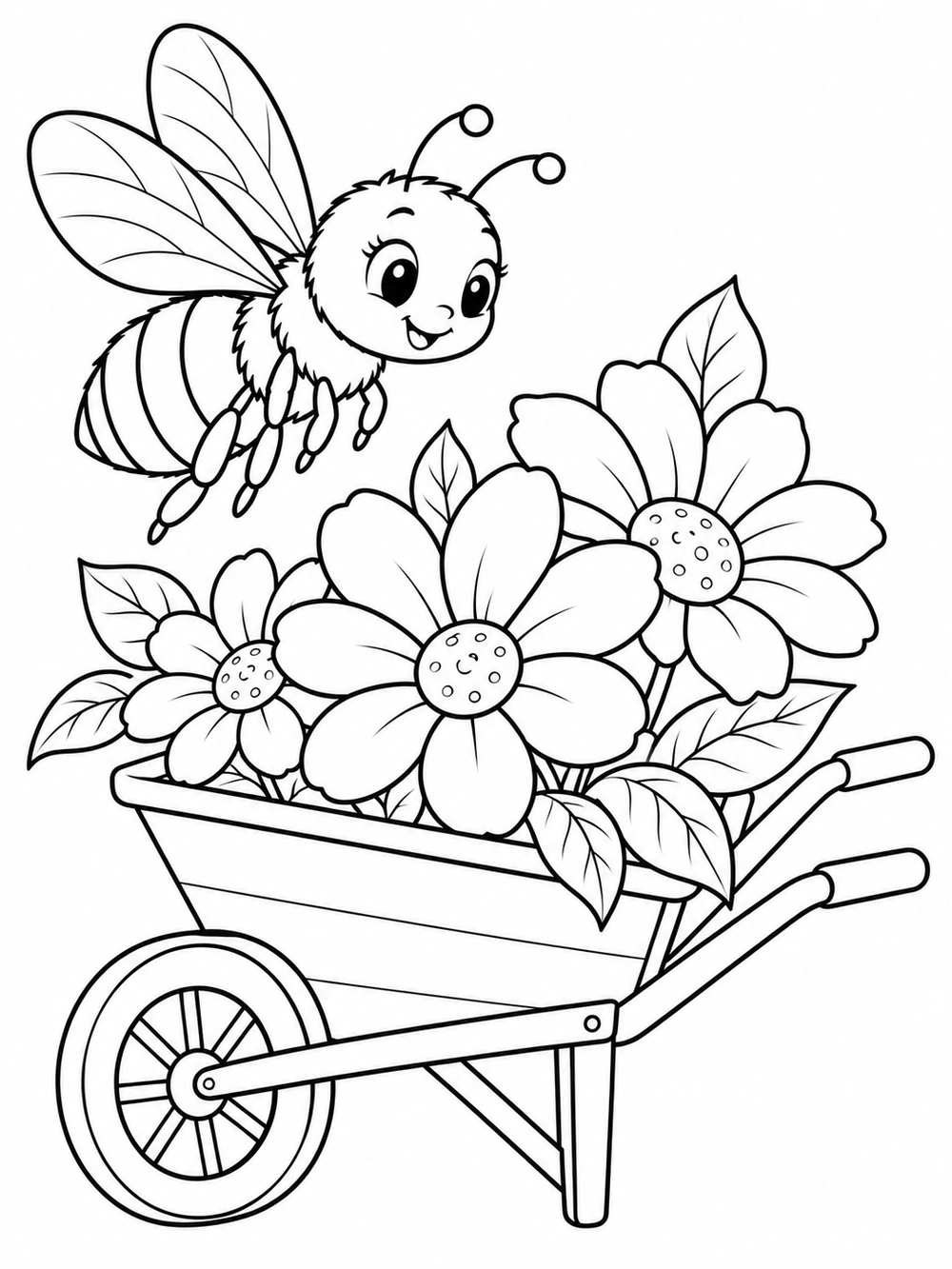 Smiling bee hovering beside a flower-filled garden wheelbarrow