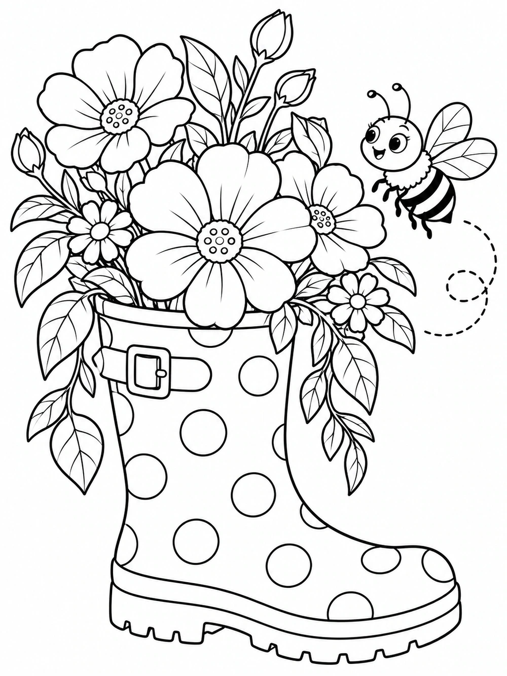 A cheerful bee hovers beside a tall rain boot planter filled with large blossoms and leafy stems.