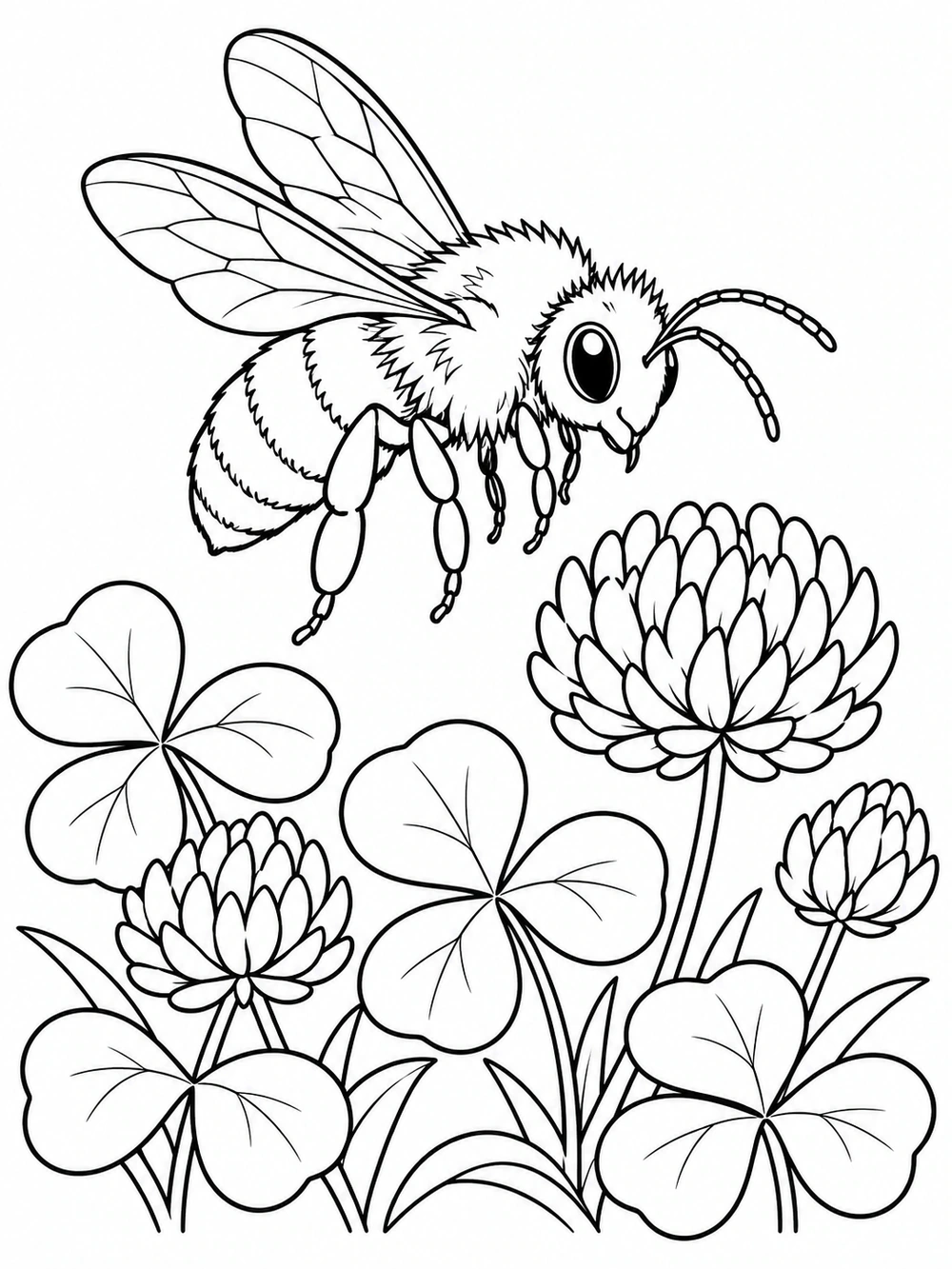 A large bee flying above rounded three-leaf clover clusters and several puffball blossoms.