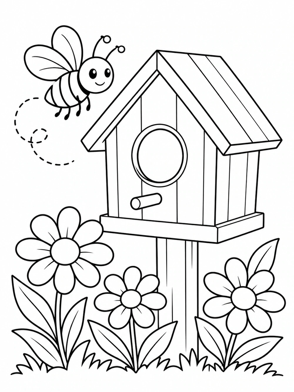 A smiling bee flies beside a large birdhouse, with flowers and leaves at its base.