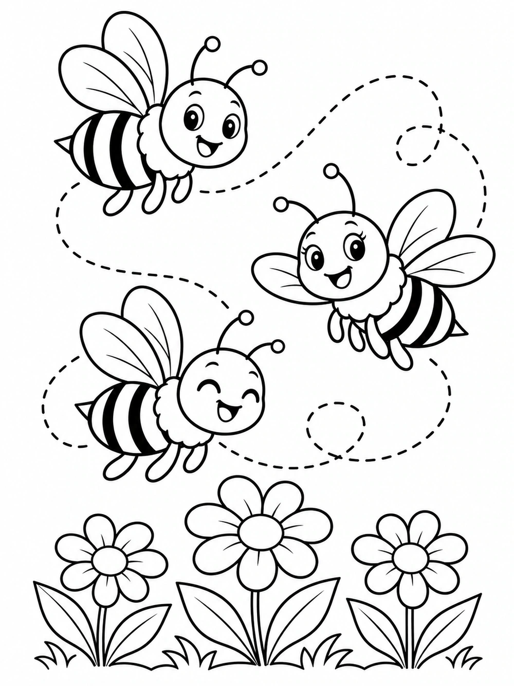 Three smiling striped bees follow a looping flight path over a row of three flowers.