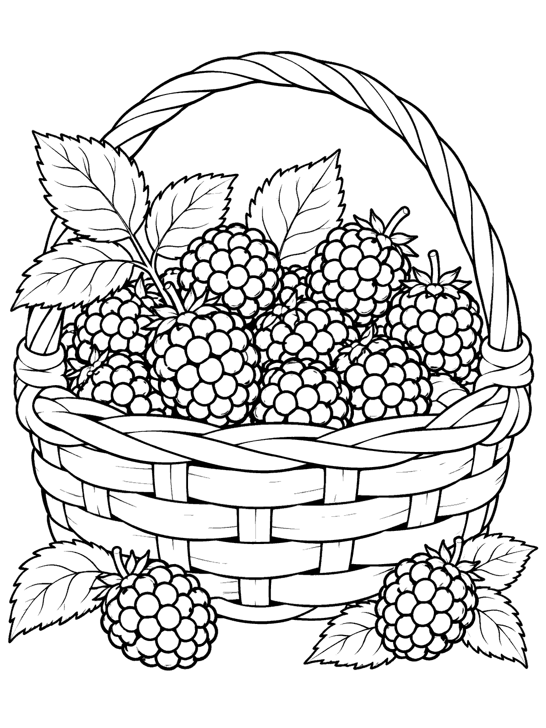 Printable coloring page showing a woven basket filled with blackberries, with berries and leaves around its base.