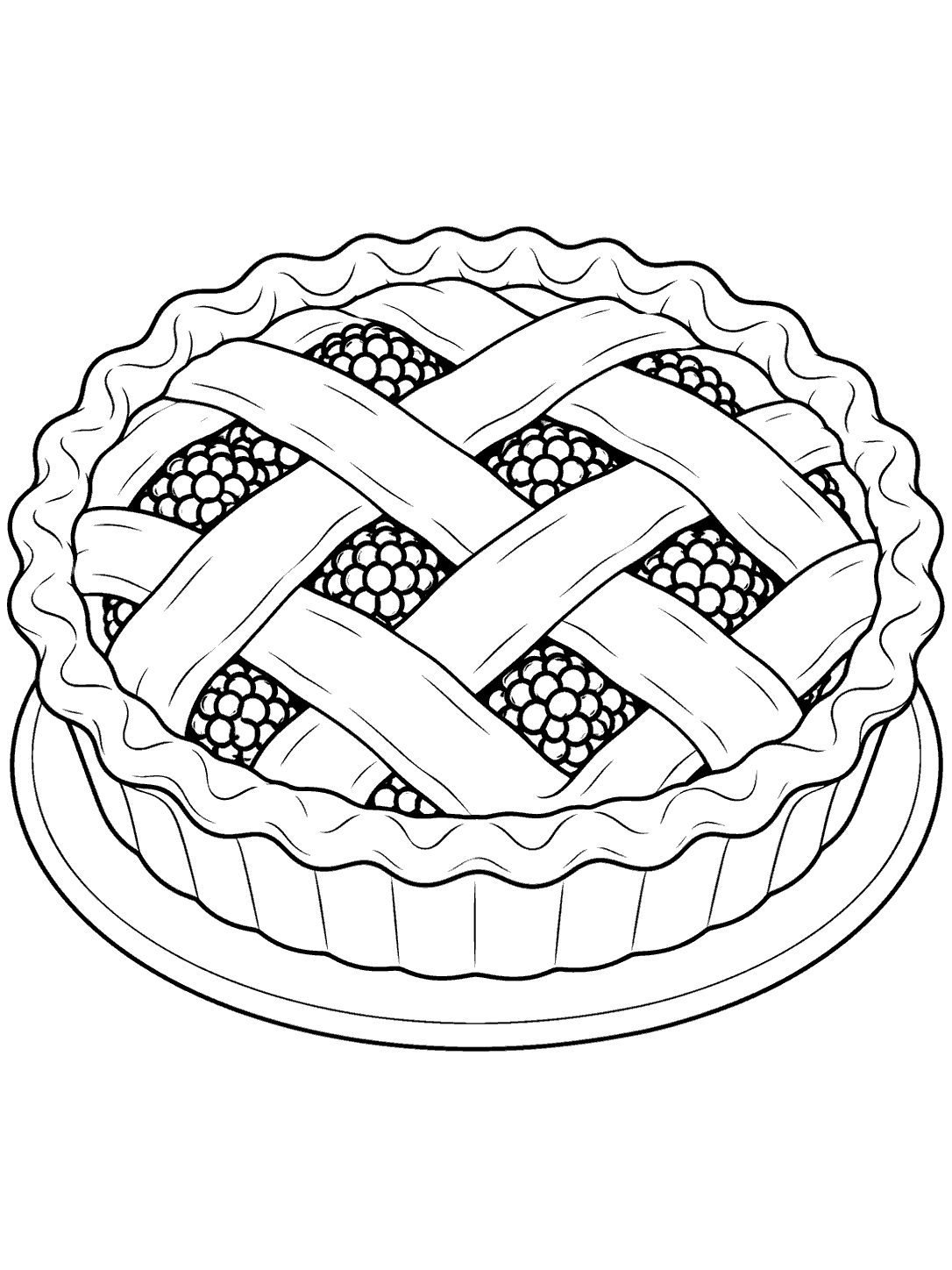 Blackberry pie with lattice crust on a plate, drawn as a coloring page