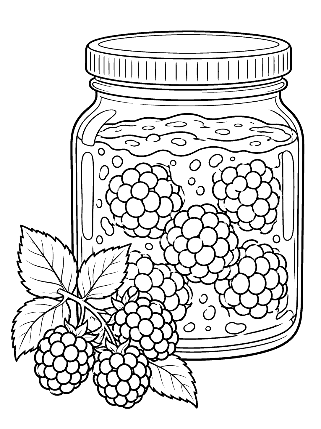 Unlabeled glass jar filled with blackberry jam and a berry sprig coloring page