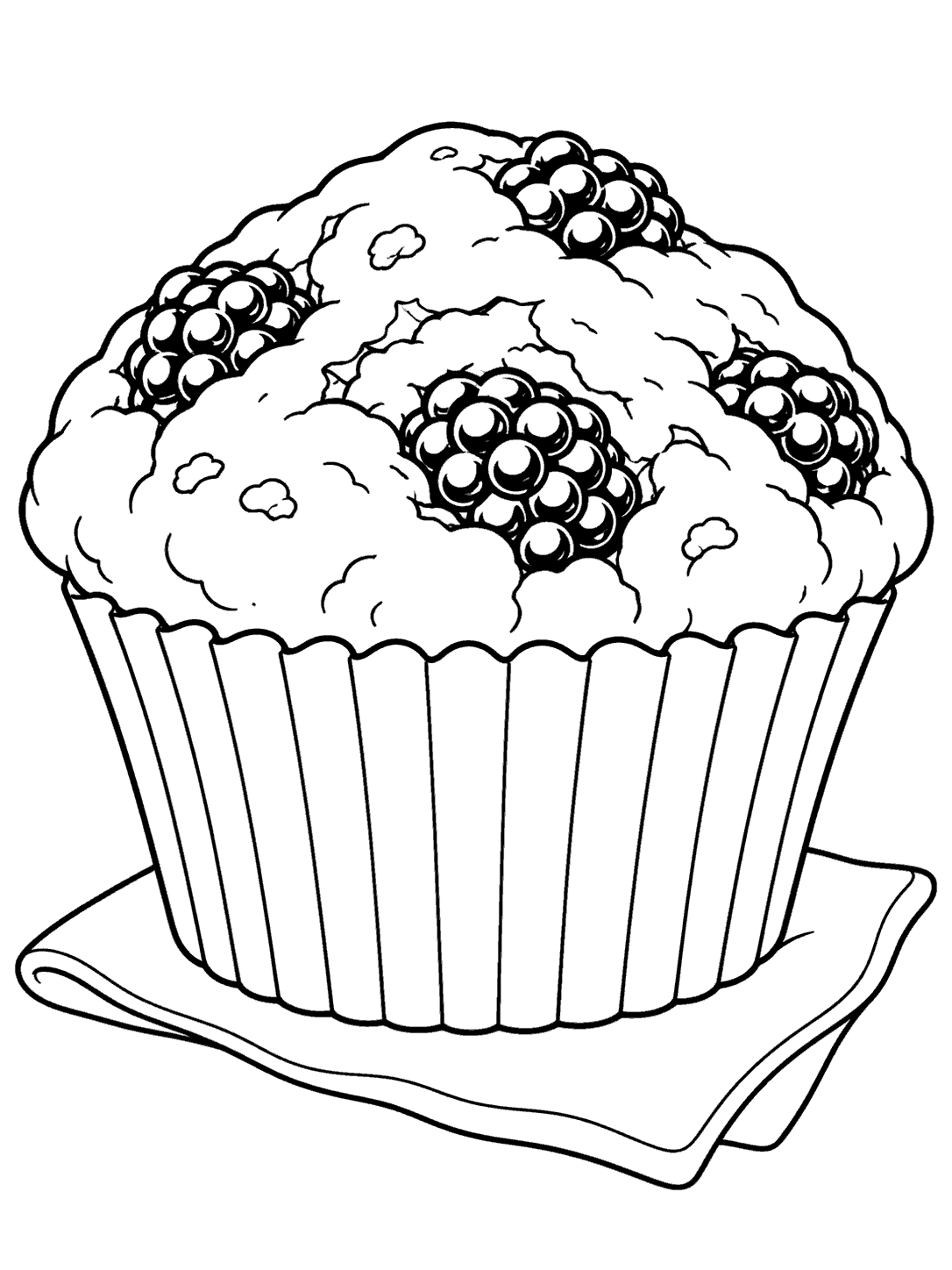 Large blackberry muffin with visible berries and broad paper liner pleats, resting on a napkin, in a coloring page.