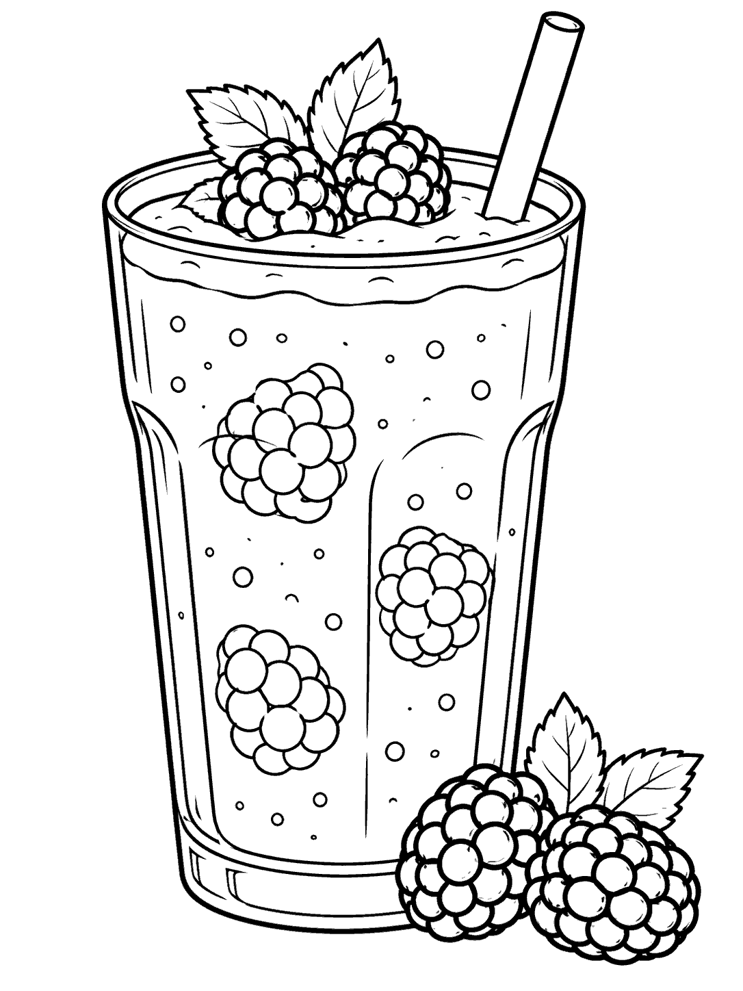 Blackberry smoothie in a tall glass with a straw and two whole blackberries beside it, outlined as a coloring page.