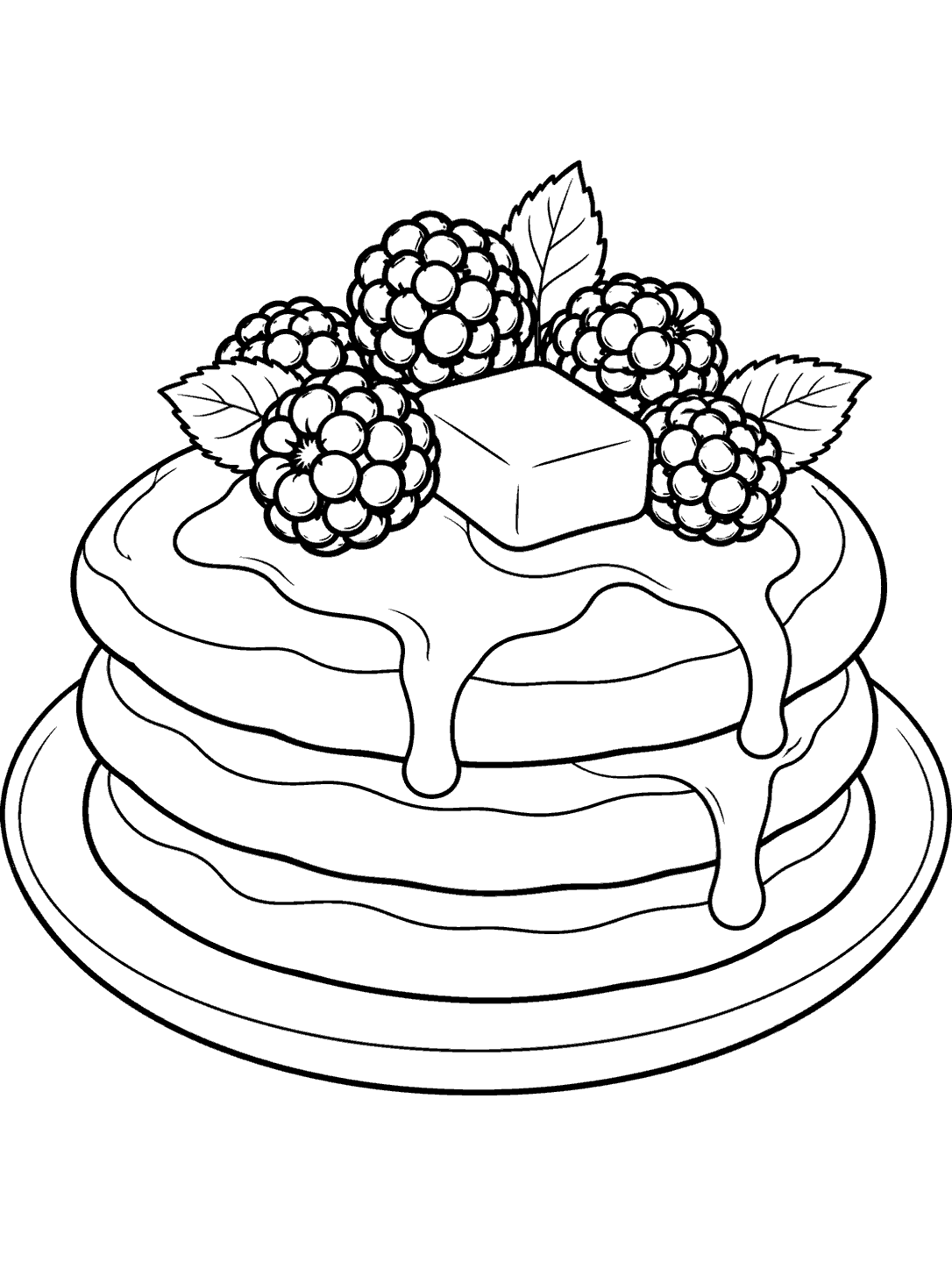 Three pancakes on a plate topped with blackberries and butter, in a coloring page illustration.