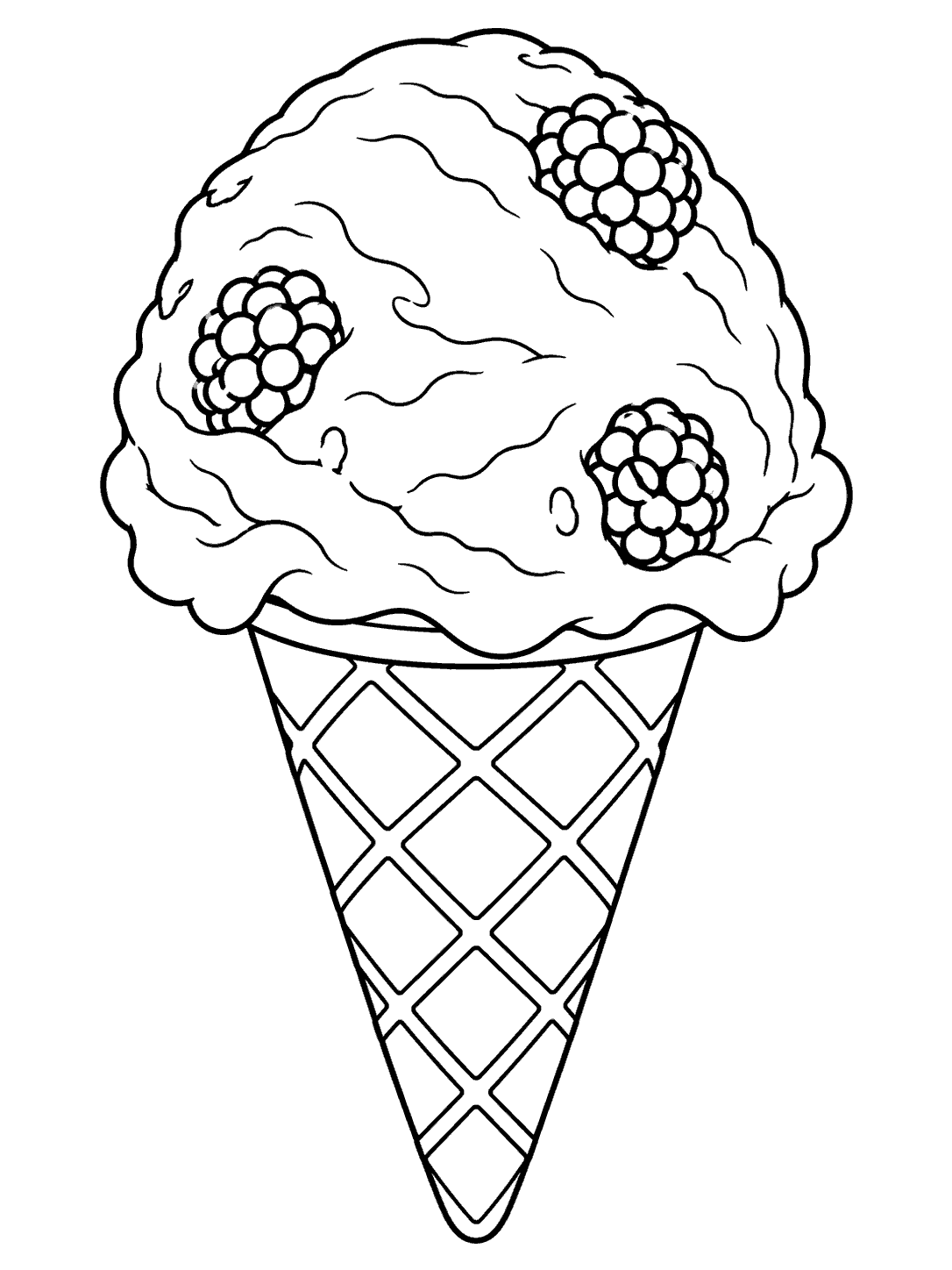 Blackberry ice cream scoop with whole berries in a waffle cone coloring page