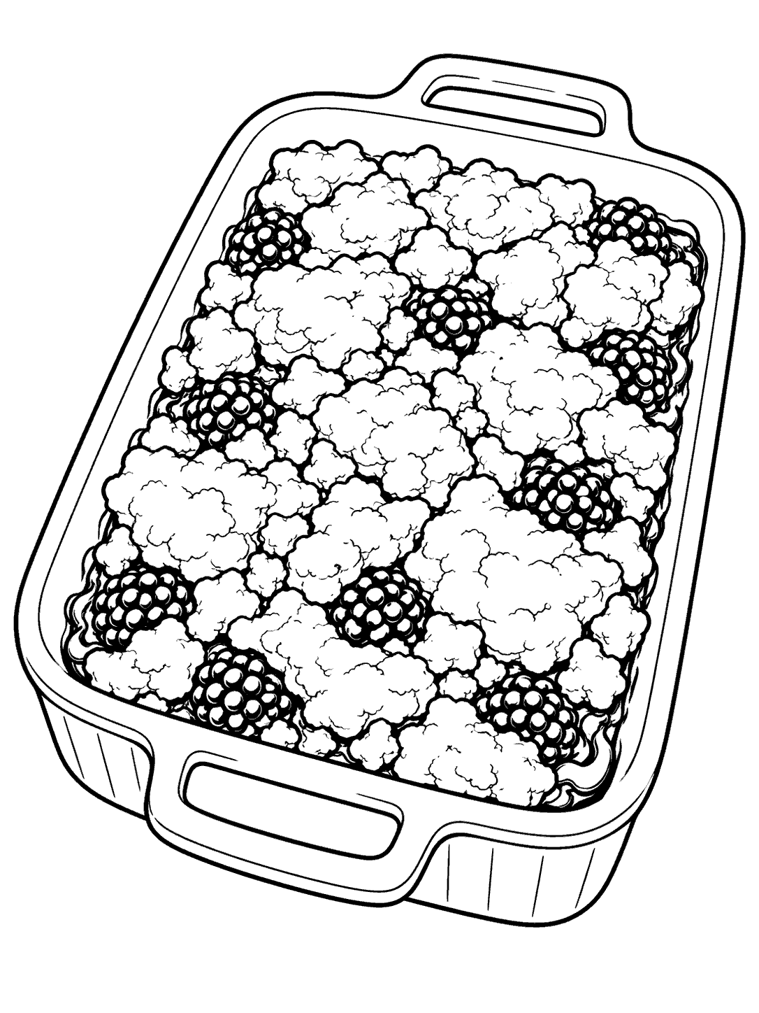 Blackberry crumble with visible berries in a rectangular baking dish, coloring page