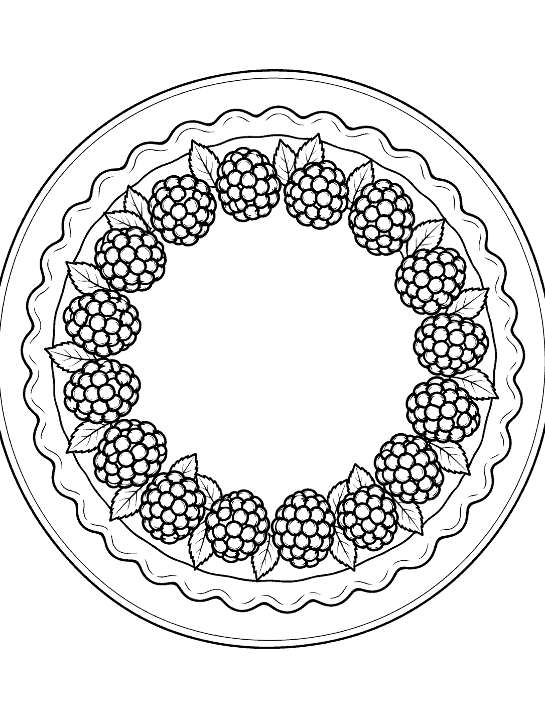 Top-down blackberry tart with a scalloped crust and berry ring coloring page
