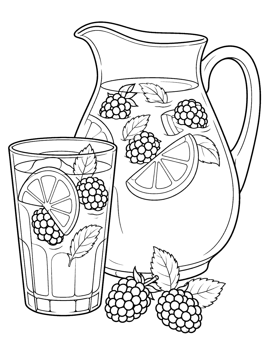 Black and white coloring page with a pitcher and glass of blackberry lemonade, lemon slices, and two loose berries.