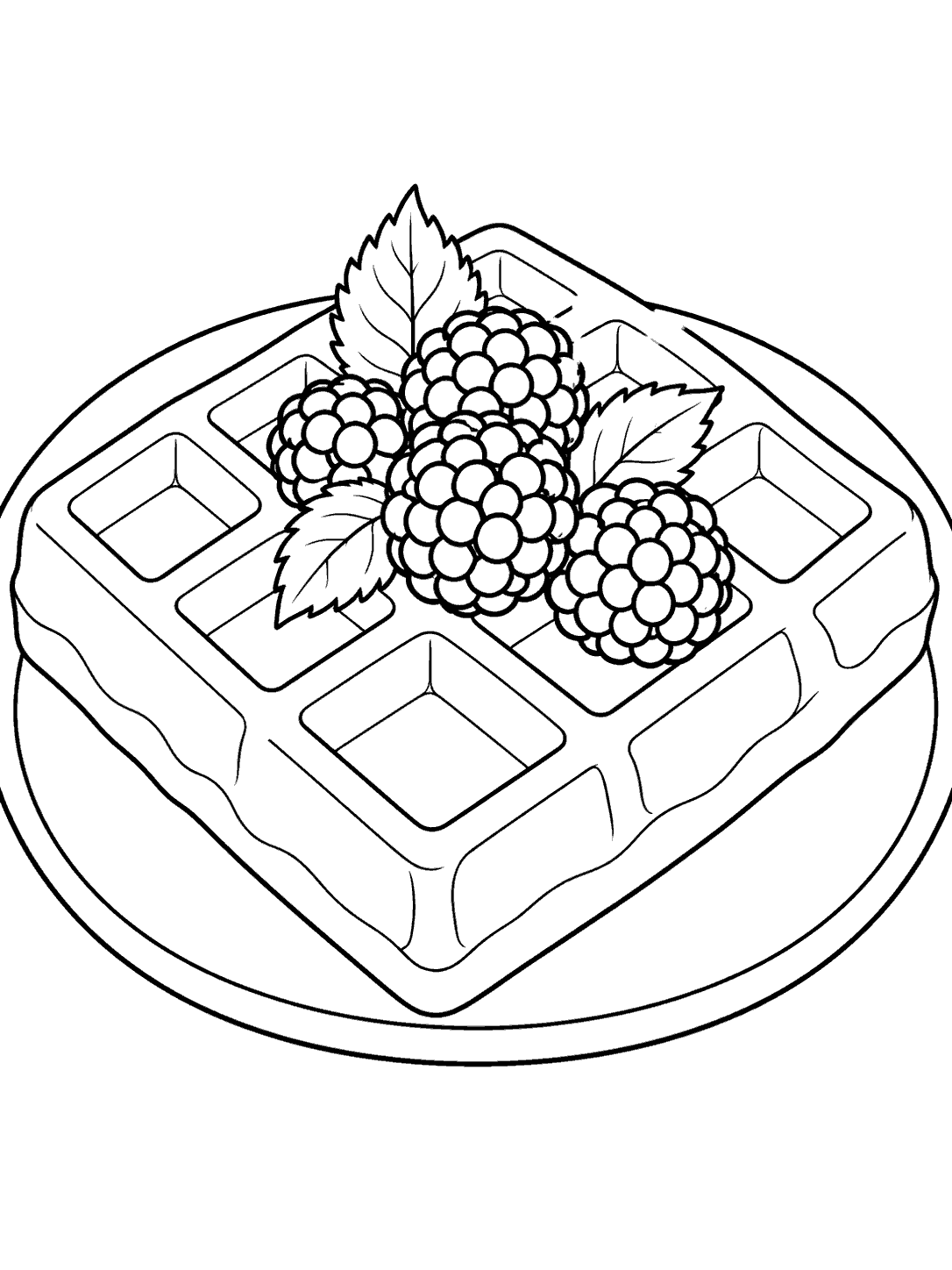 Square waffle topped with blackberries on a plate, drawn as a coloring page