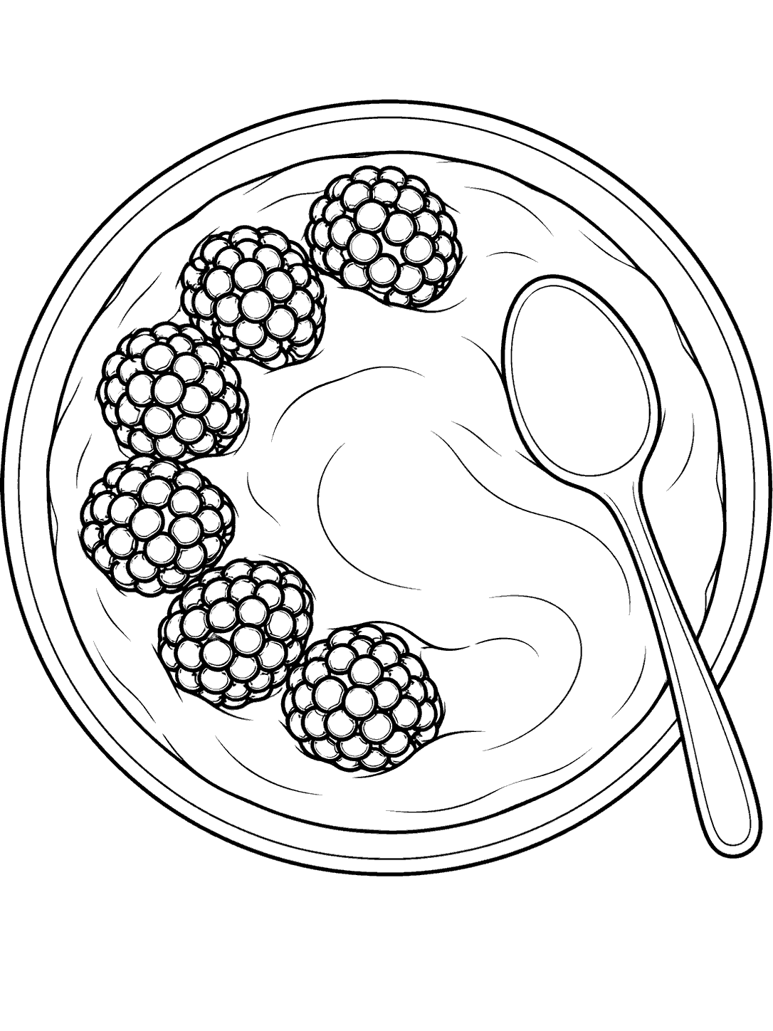 Top-down coloring page of a yogurt bowl with a curved line of blackberries and a spoon.
