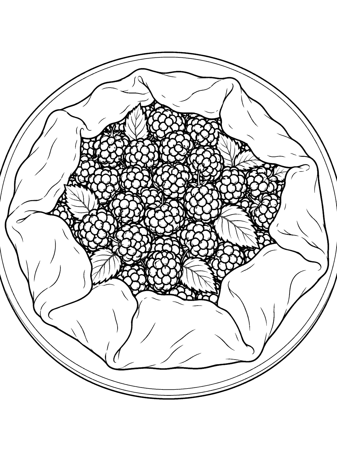 Blackberry galette with folded pastry flaps and a berry-filled center on a round baking sheet, drawn in black outlines for coloring.