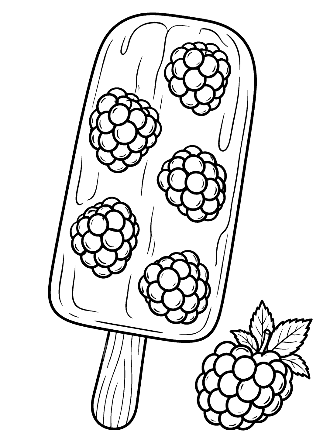 Large blackberry ice pop on a wooden stick with berry clusters and a separate blackberry with leaves