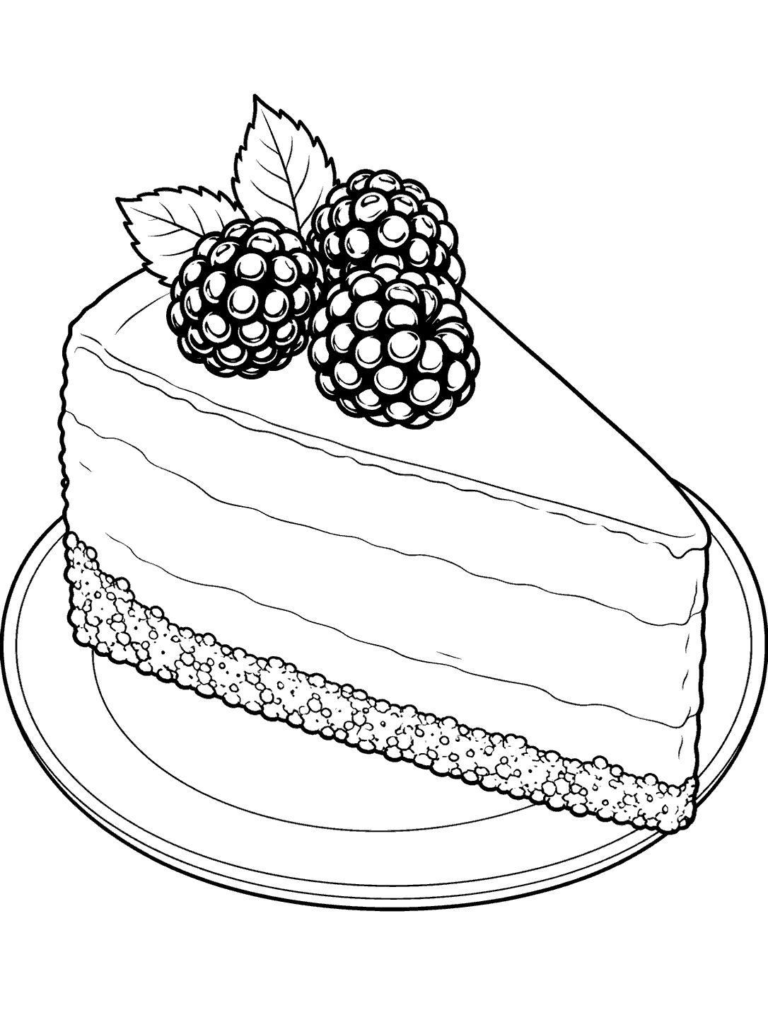 Blackberry-topped cheesecake slice with a crumb crust on a plate, as a coloring page