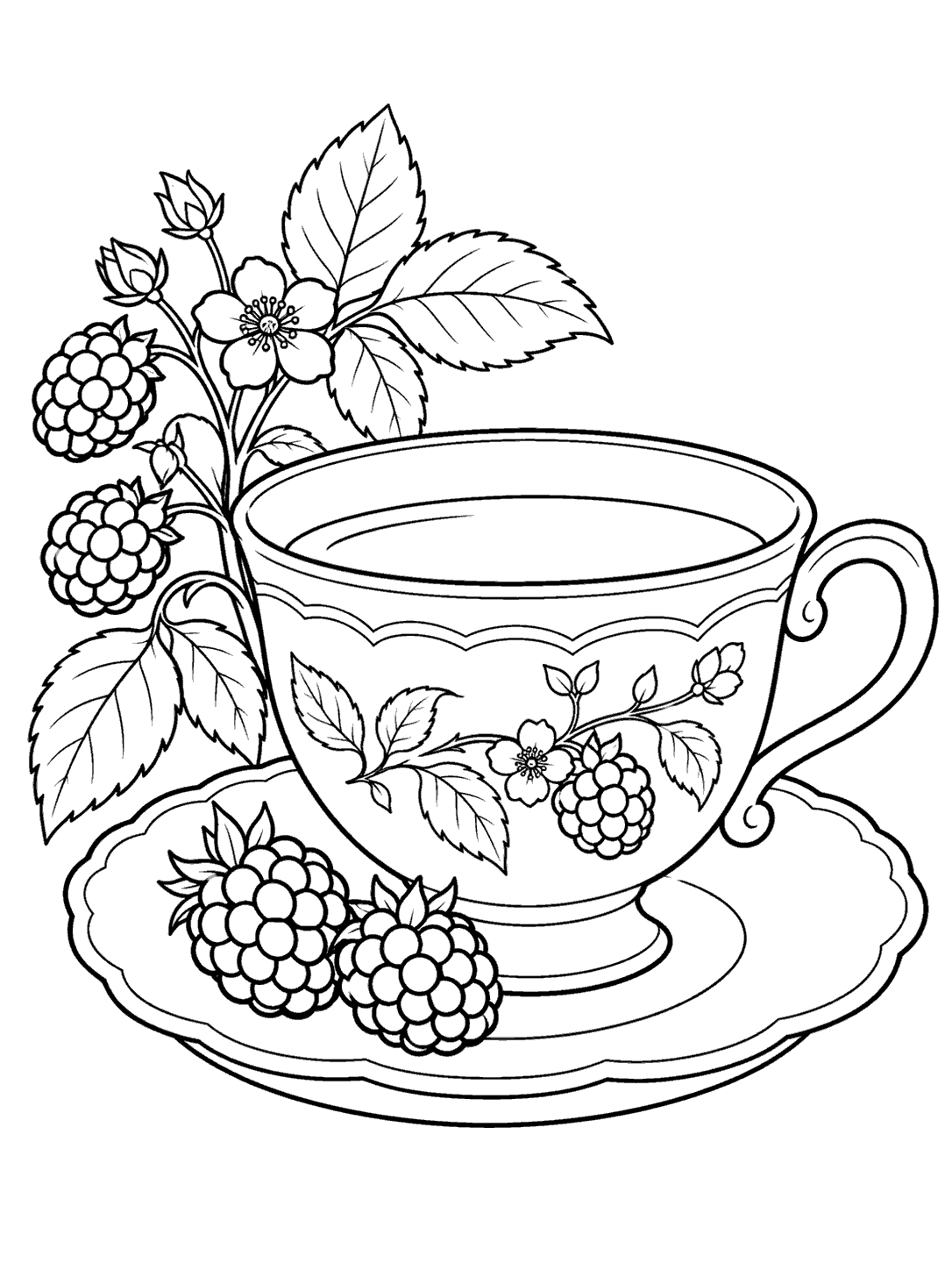 Printable black ink coloring page of a broad teacup with tea, two blackberries on its saucer, and a leafy berry sprig beside it.