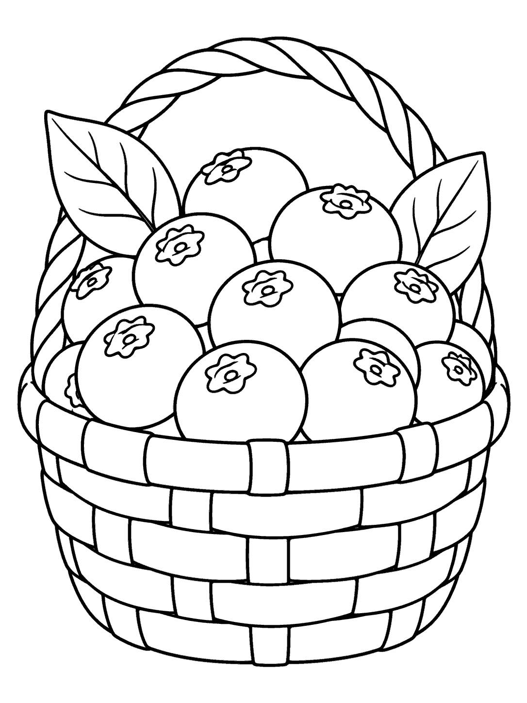 Black-outline handled basket overflowing with blueberries and two leaves, coloring page