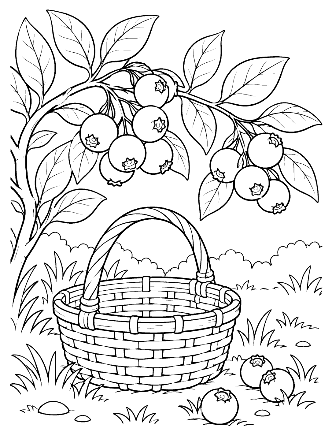Black-outline coloring page showing a woven picking basket beneath a blueberry branch, with berries on the ground.