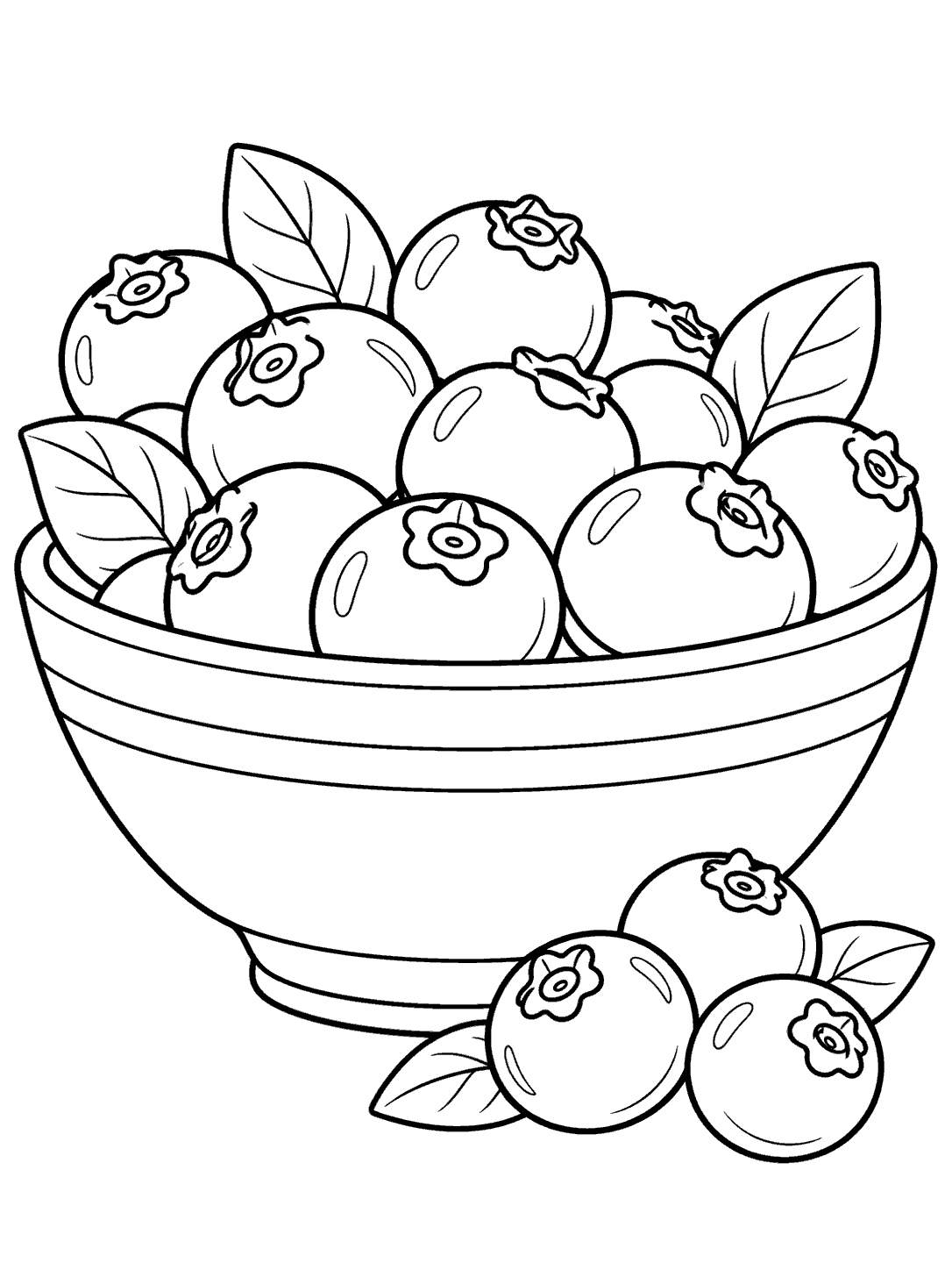 Black-outline coloring page of a striped ceramic bowl filled with blueberries, with three berries and leaves beside it.