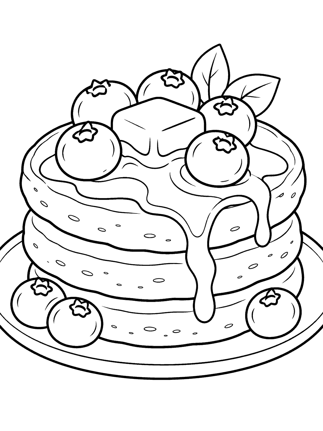 Black-outline coloring page of blueberry-topped pancakes on a plate, with syrup dripping down the stack.