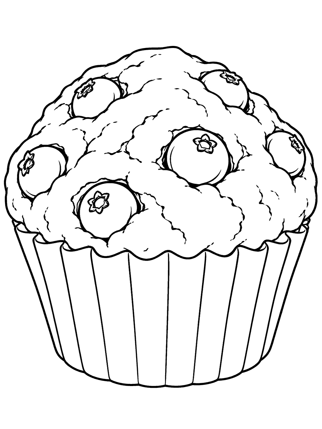Black outline coloring page of a blueberry muffin with a pleated liner
