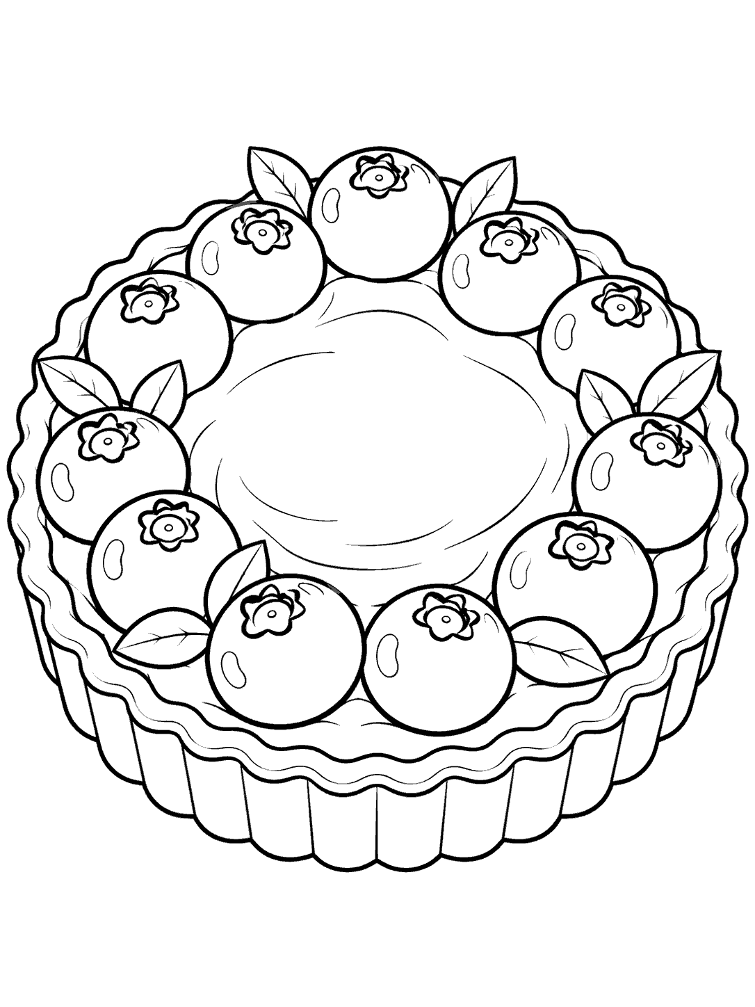 Black-outline coloring page of a blueberry tart with a fluted crust, a ring of blueberries, and a broad open cream center.
