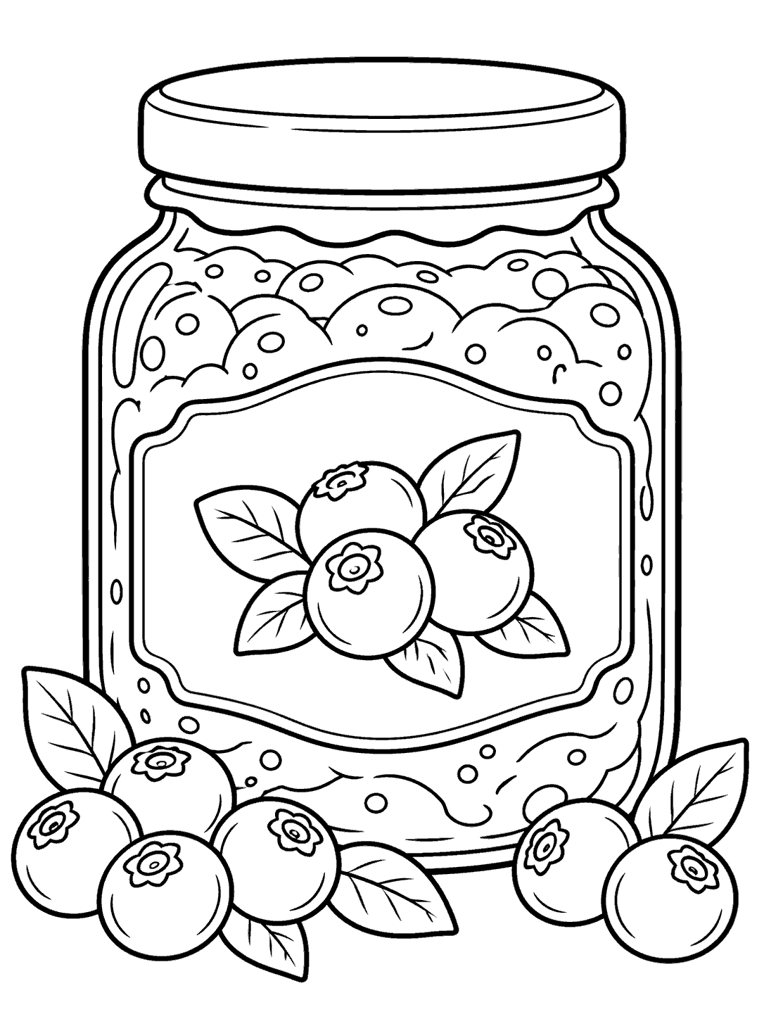 Black-outline coloring page of a glass blueberry jam jar with a plain lid, berry-and-leaf label, and blueberries with leaves around the base.
