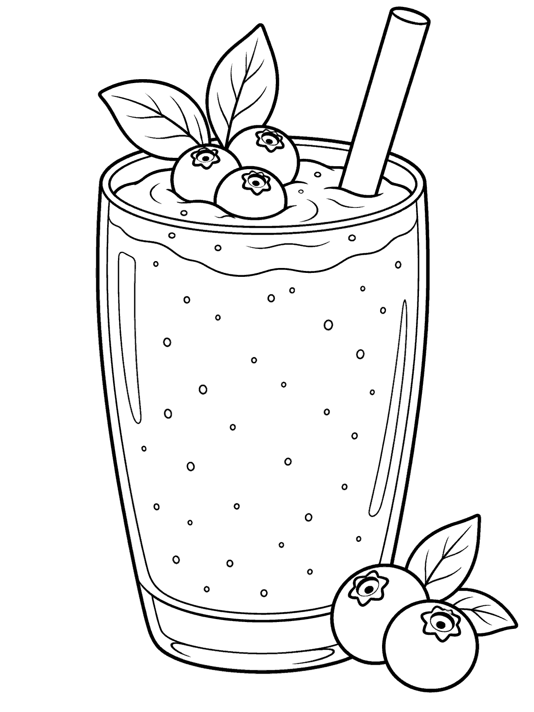 Black-outline coloring page of a tall blueberry smoothie with a wide straw, berries, and leafy garnish.