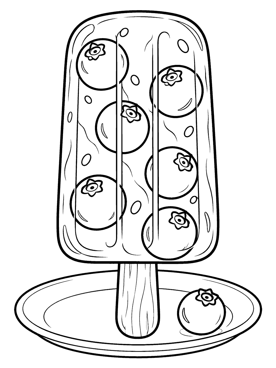 Black-outline blueberry popsicle on a plate with one loose berry, formatted as a coloring page.