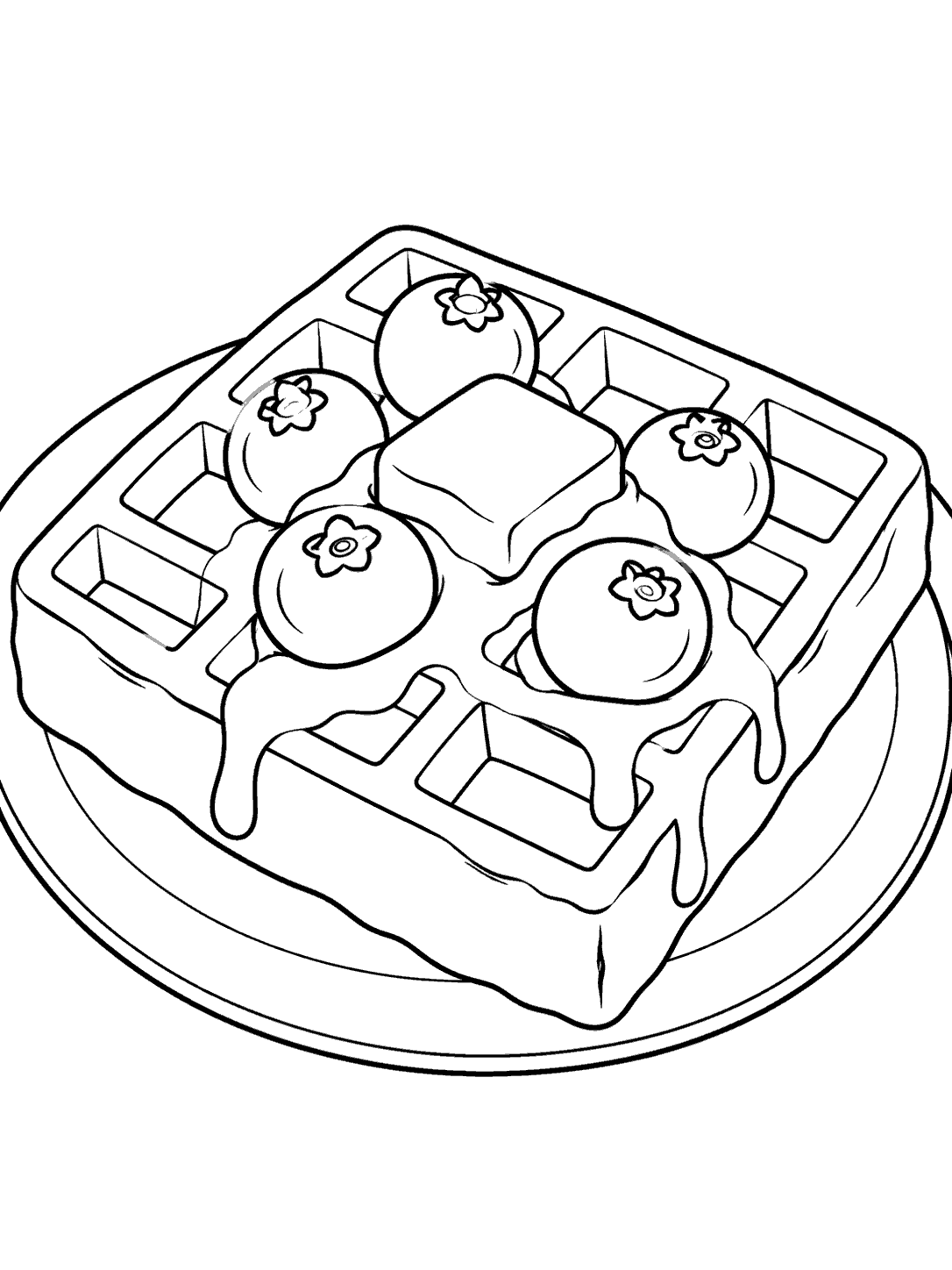 Black-outline coloring page of a square waffle on a plate with blueberries, syrup, and butter