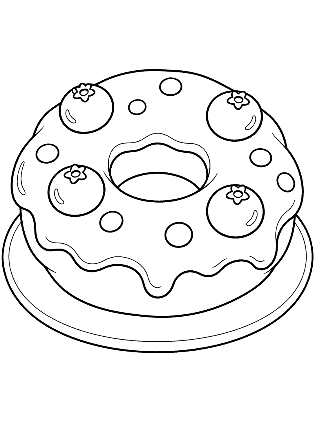 Black-outline blueberry-iced ring donut with sprinkles on a plain plate coloring page