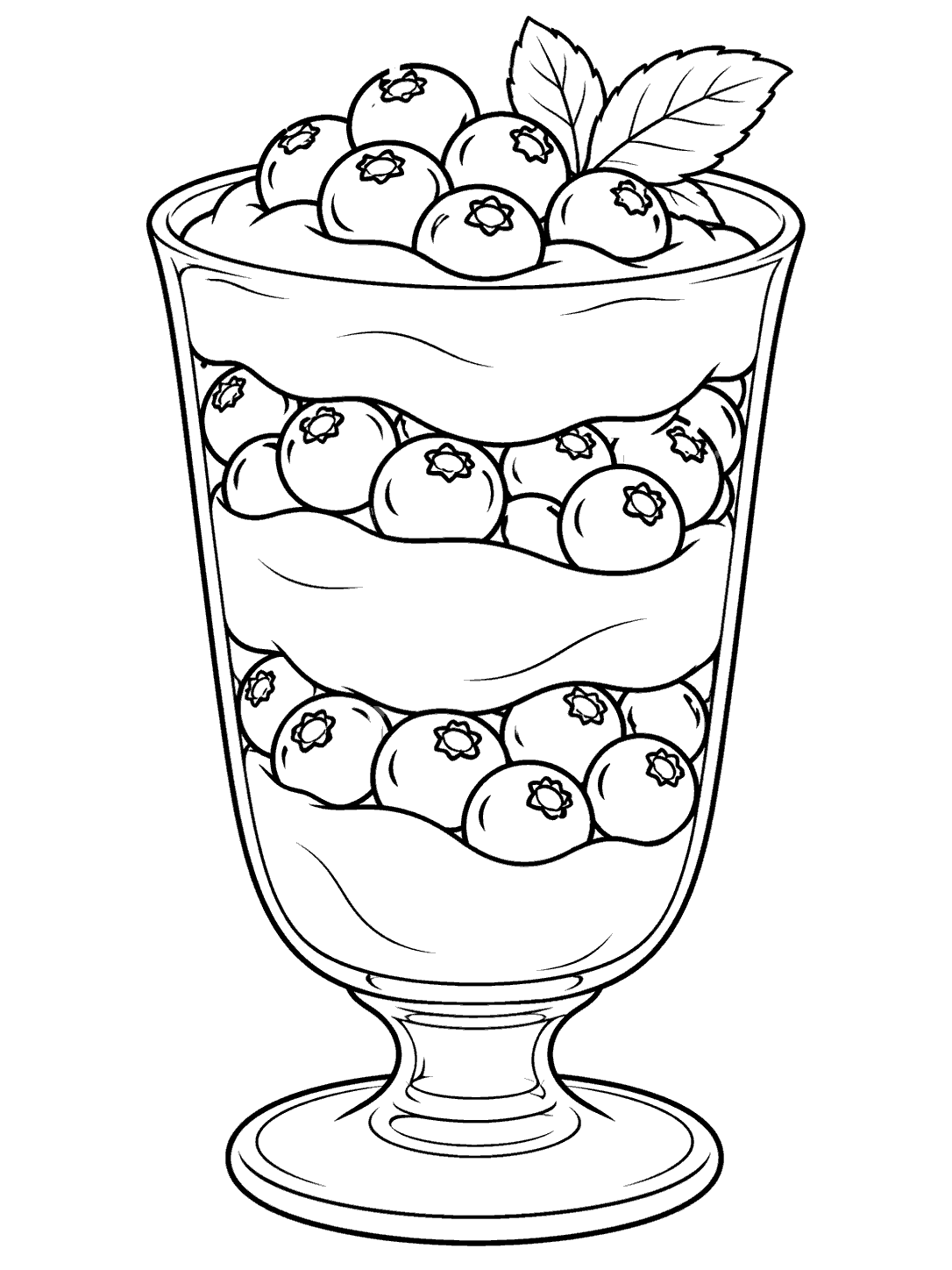 Black-outline coloring page of a tall parfait glass layered with yogurt and blueberries, topped with leafy sprigs.