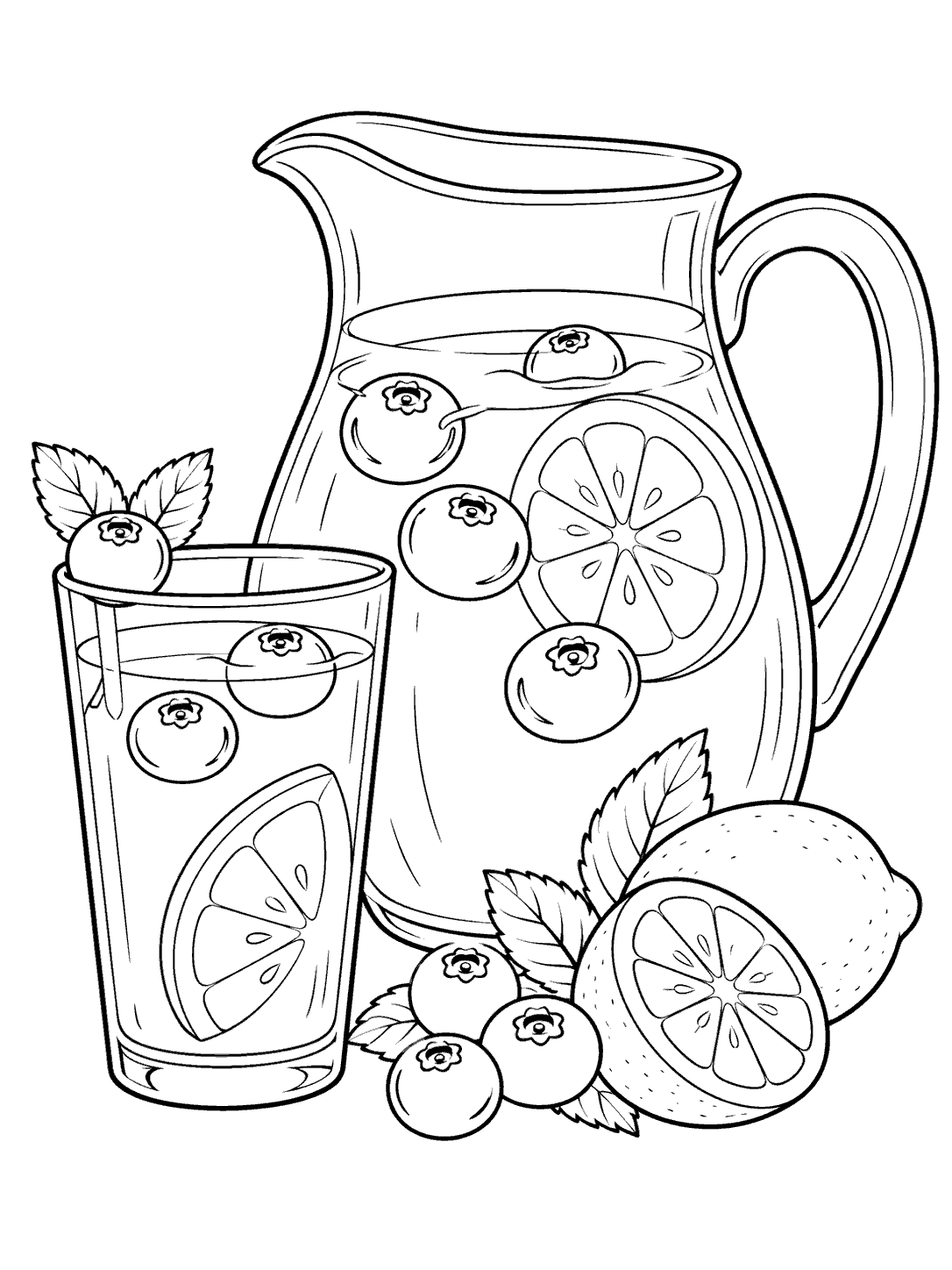 Black outline coloring page of a handled lemonade pitcher with blueberries and lemon slices, beside a garnished glass.
