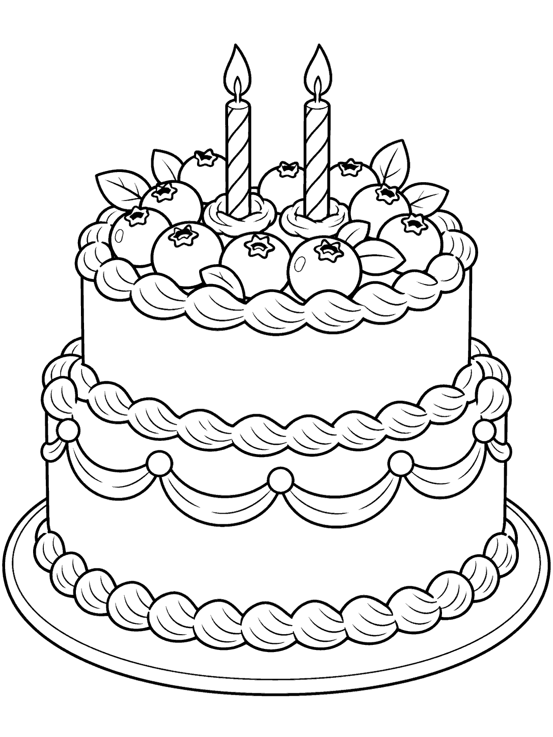 Black-outline coloring page of a two-layer cake topped with blueberries and two candles on a plate