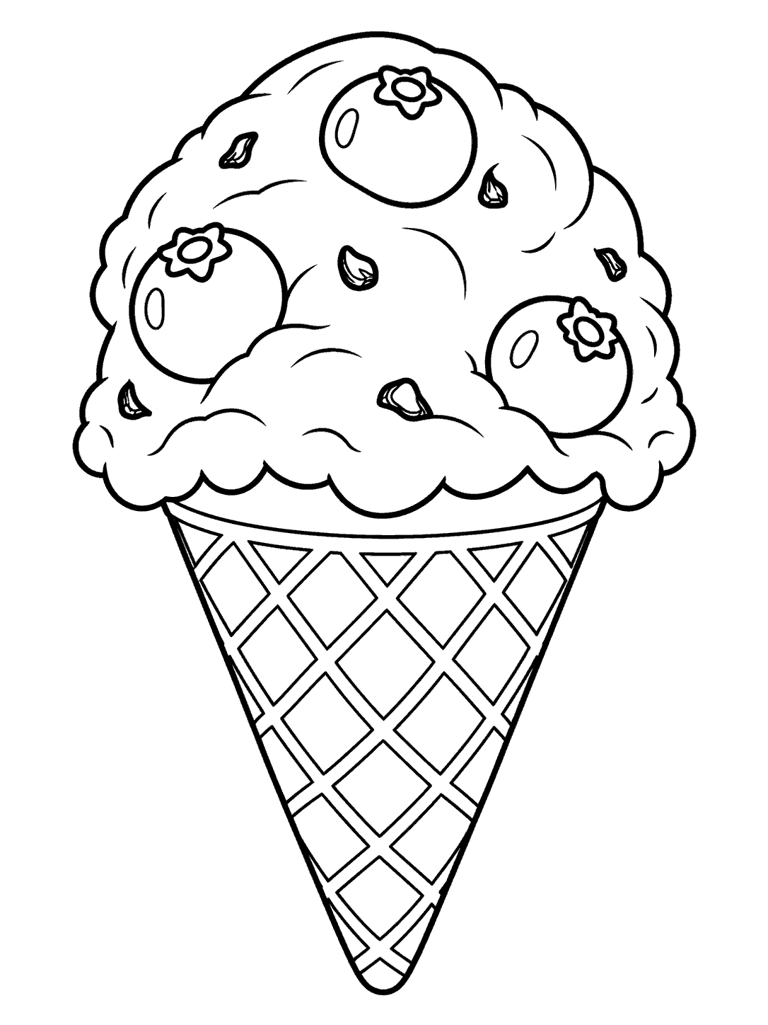 Black-outline coloring page of a blueberry ice cream scoop with berry details in a waffle cone