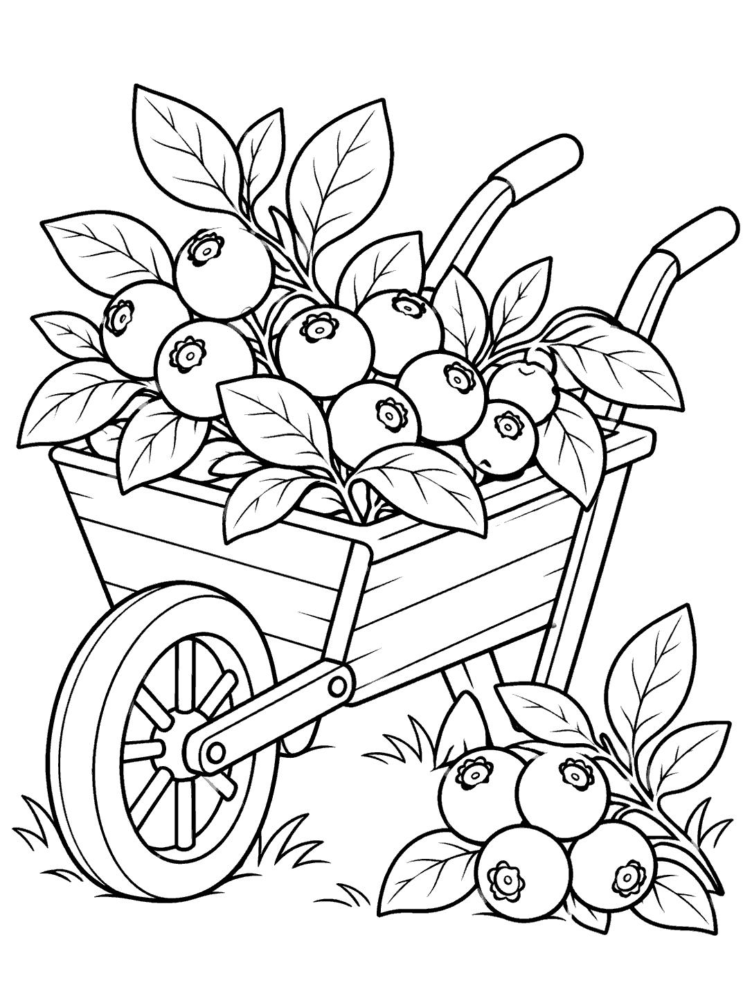 Black-outline blueberry harvest wheelbarrow coloring page