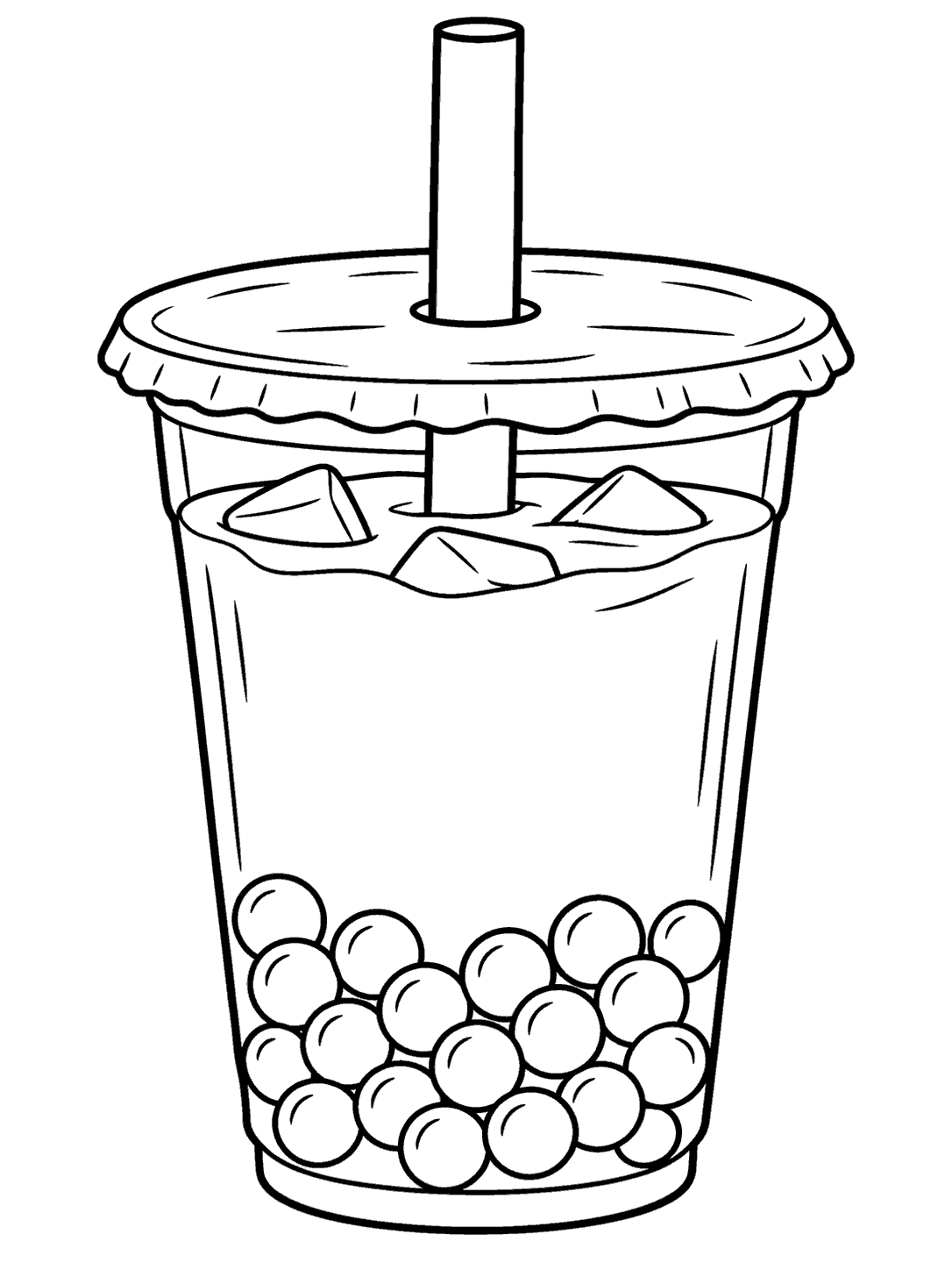 Black-and-white coloring page of a large takeaway boba tea cup with a flat lid, wide straw, ice, and round tapioca pearls at the bottom.