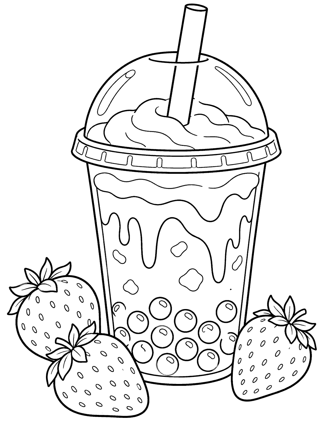 Black and white coloring page of a strawberry boba cup with a straw, pearls, and three strawberries