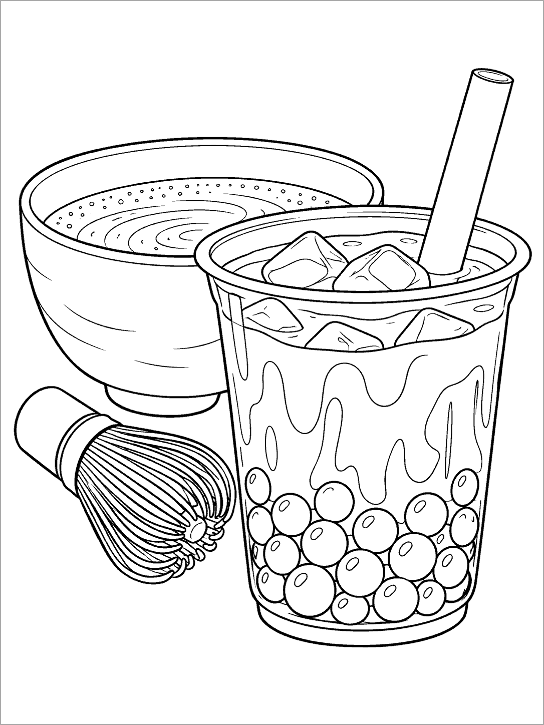 Black-and-white coloring page with a large boba cup, pearls and straw in front of a whisked tea bowl, beside a bamboo whisk.