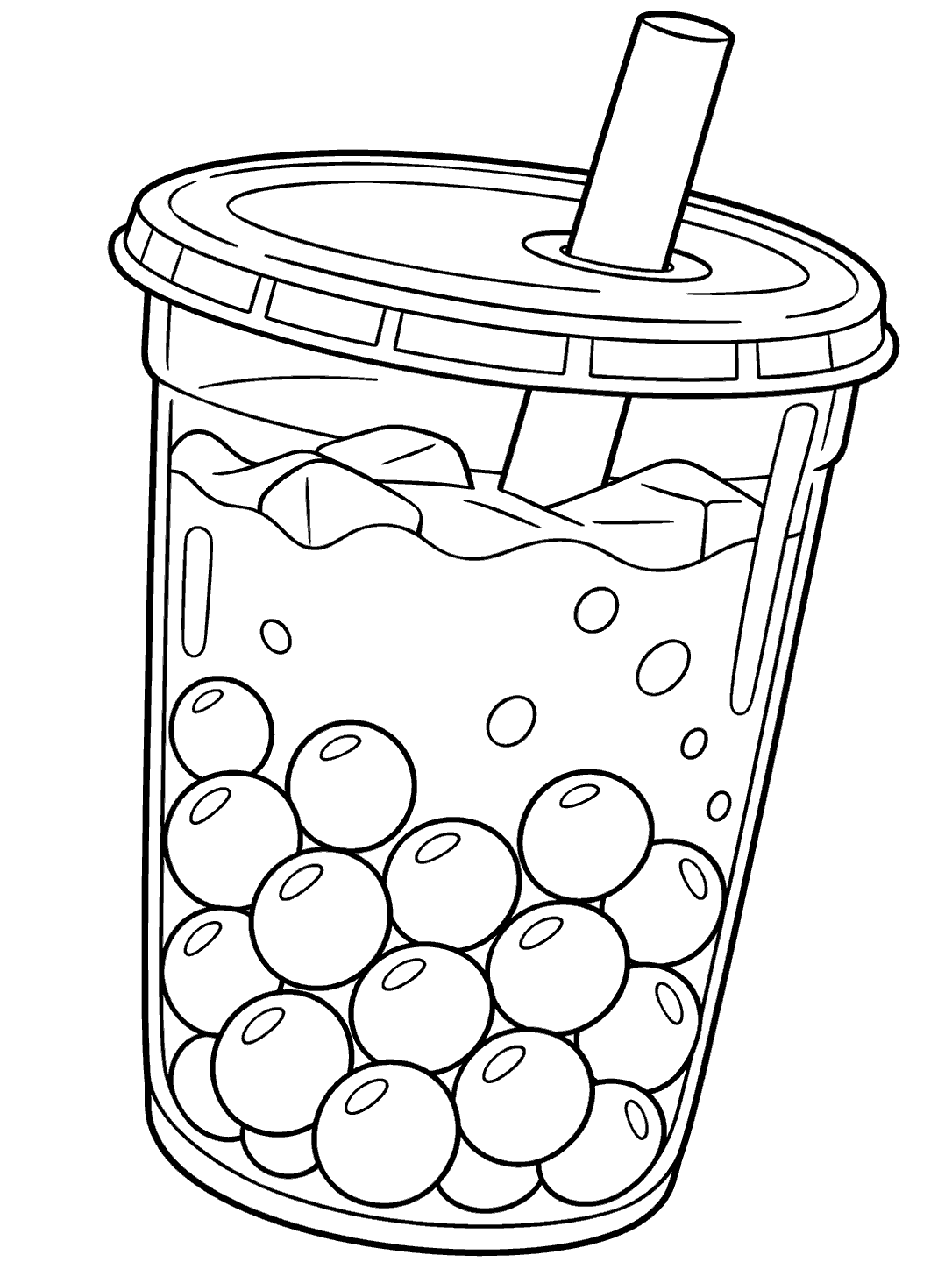 Portrait coloring page of an oversized boba tea cup with a lid, straw, and large tapioca pearls