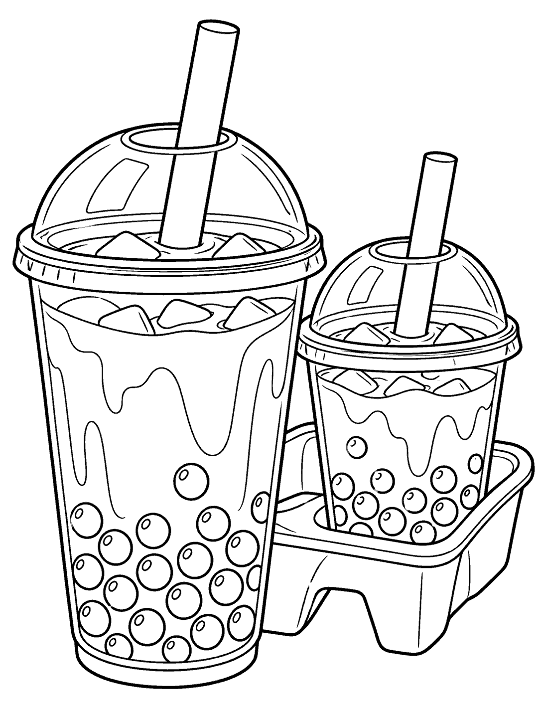 Black-and-white boba tea coloring page with a tall lidded takeaway cup and a smaller cup in a carrier, both filled with visible pearls.