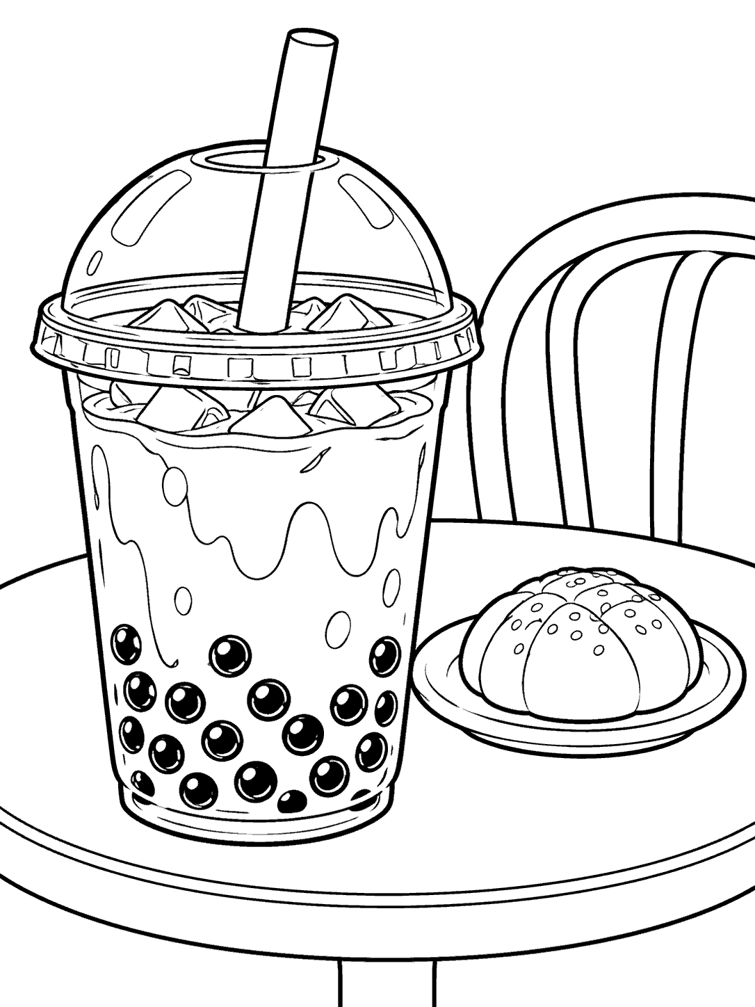 Black-and-white boba tea coloring page with a large pearl-filled cup, straw, plate with a bun, round table, and curved chair back.
